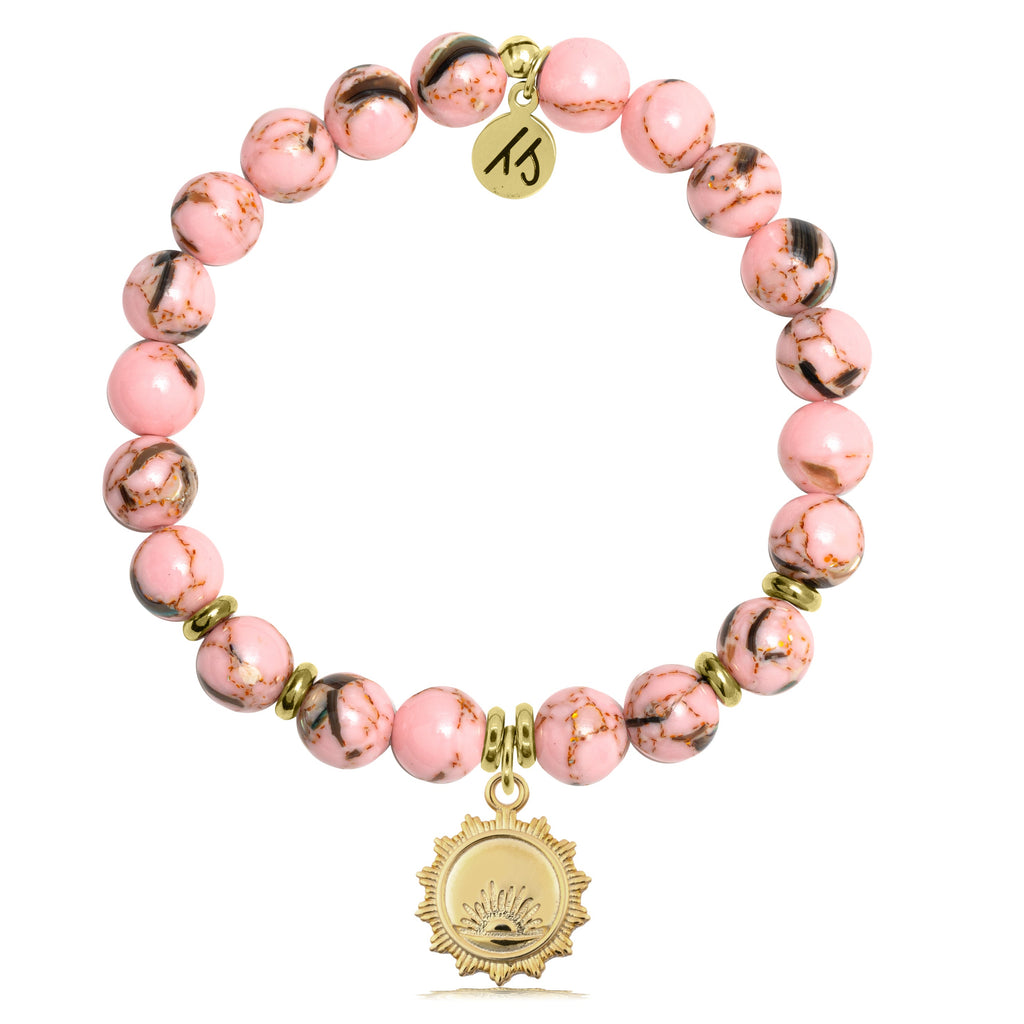 Gold Collection -Pink Shell Stone Bracelet with Sunsets Gold Charm