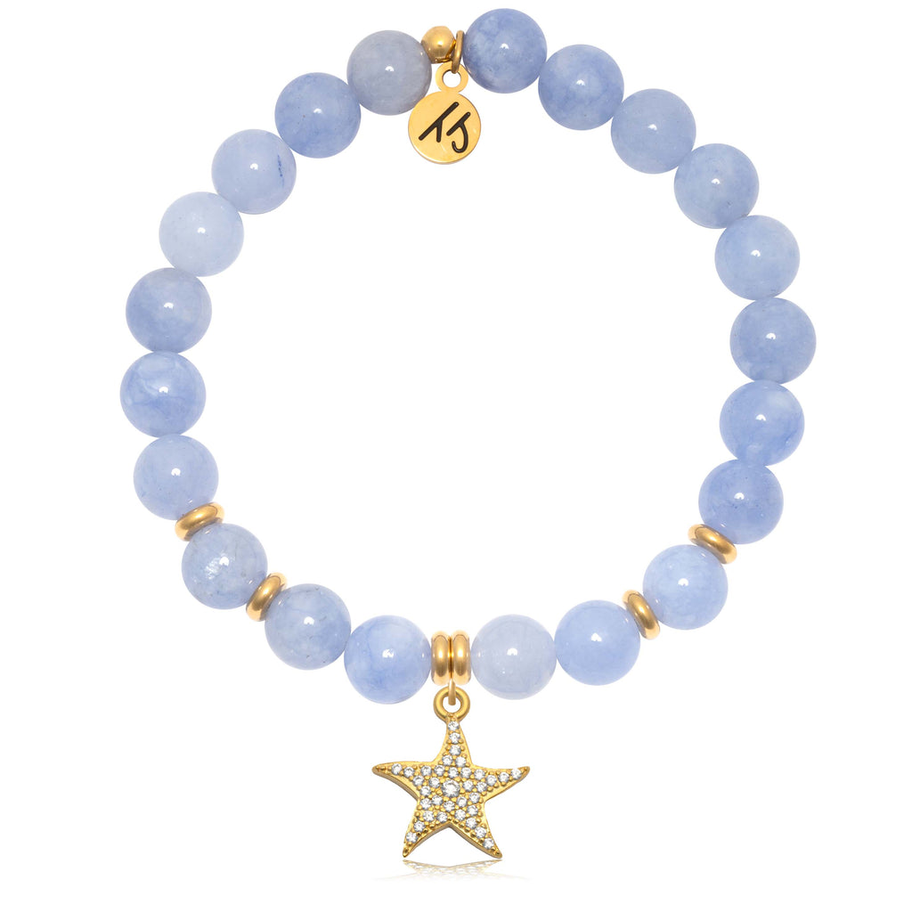 Gold Collection - Sky Blue Jade Gemstone Bracelet with Starfish Gold Charm
