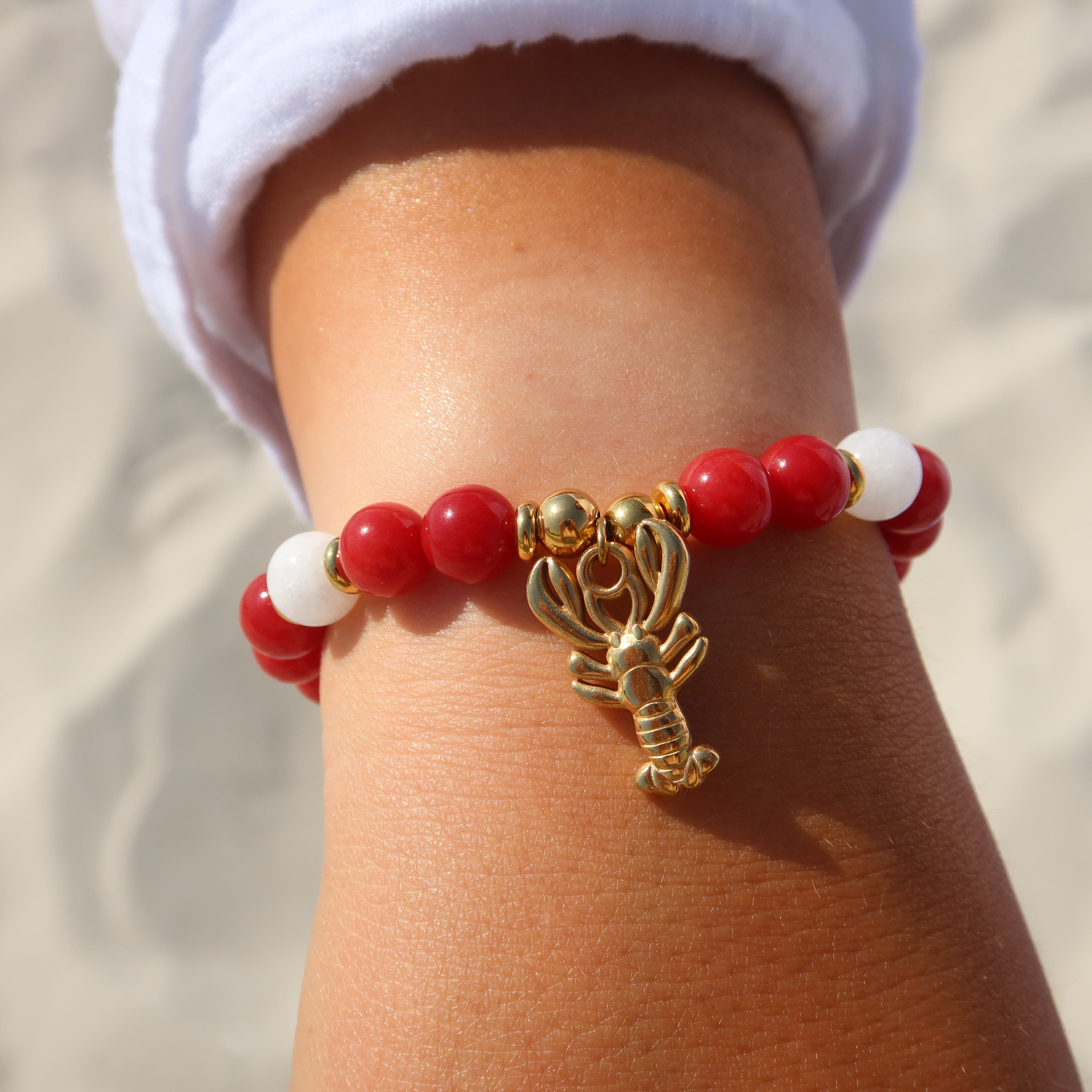 Gold Limited Edition Lobster Charm with Red Jade Gemstone Bracelet