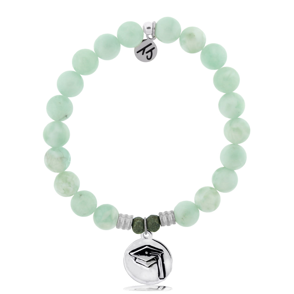 Green Angelite Bracelet with Grad Cap Sterling Silver Charm