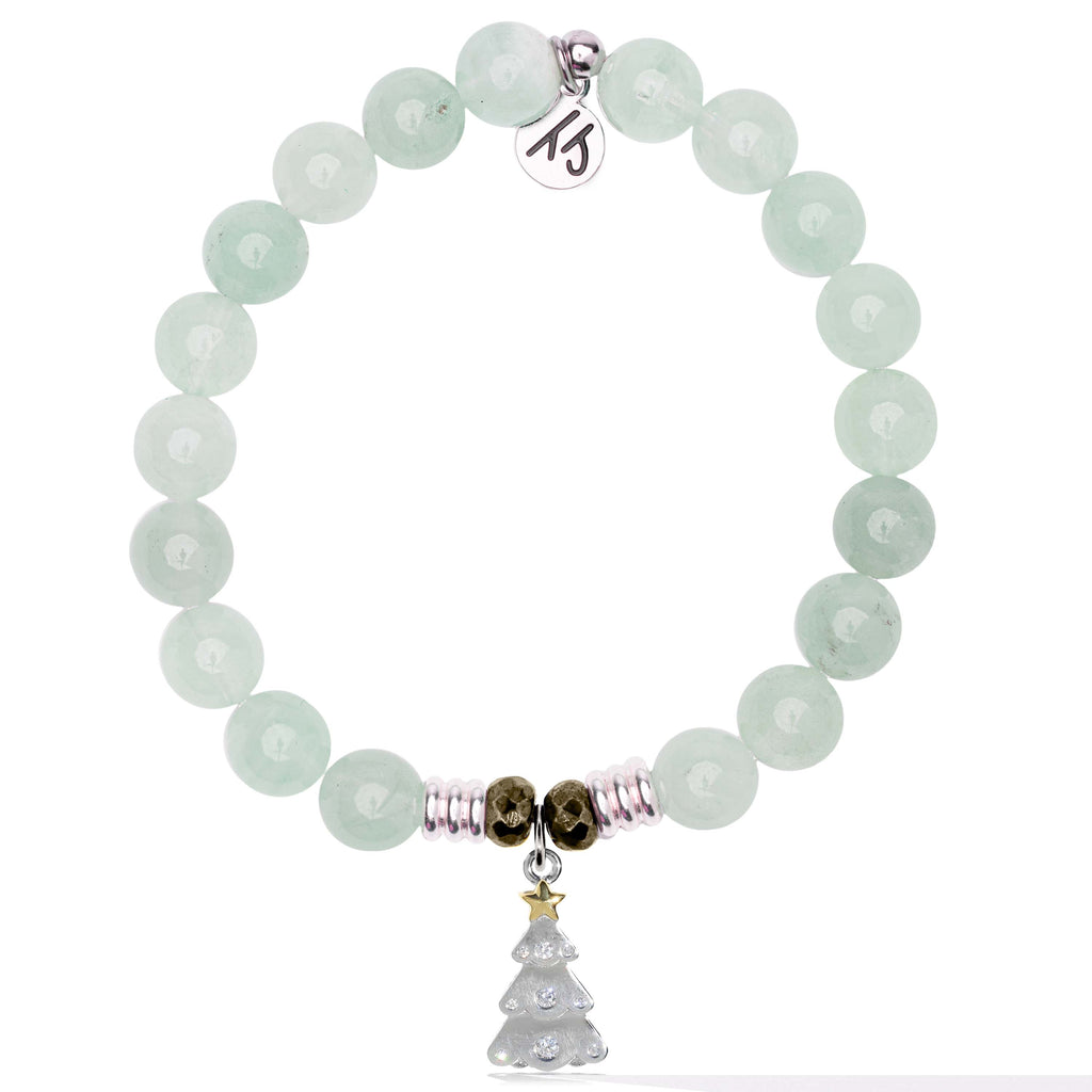 Green Angelite Gemstone Bracelet with Christmas Tree Sterling Silver Charm