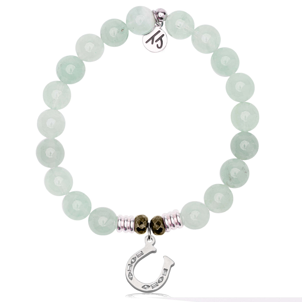 Green Angelite Gemstone Bracelet with Lucky Horseshoe Sterling Silver Charm
