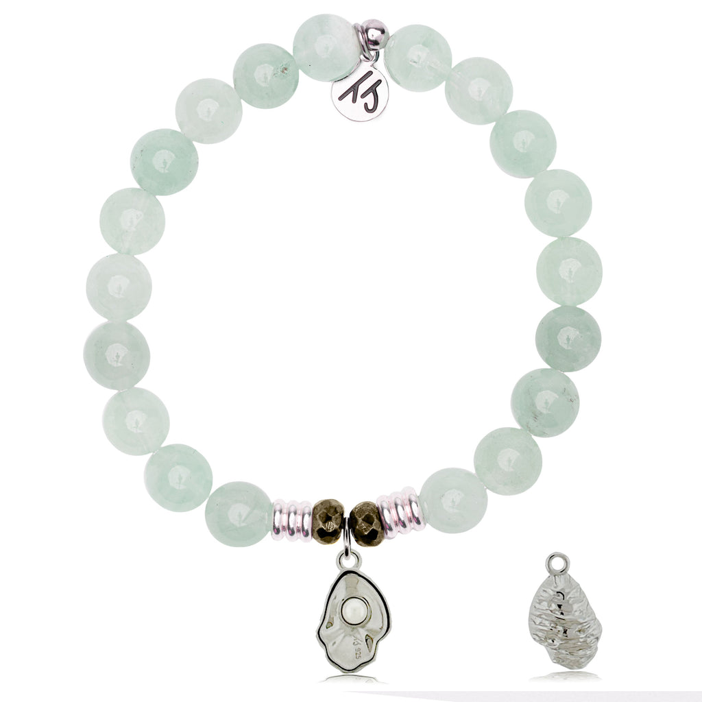 Green Angelite Gemstone Bracelet with Oyster Sterling Silver Charm
