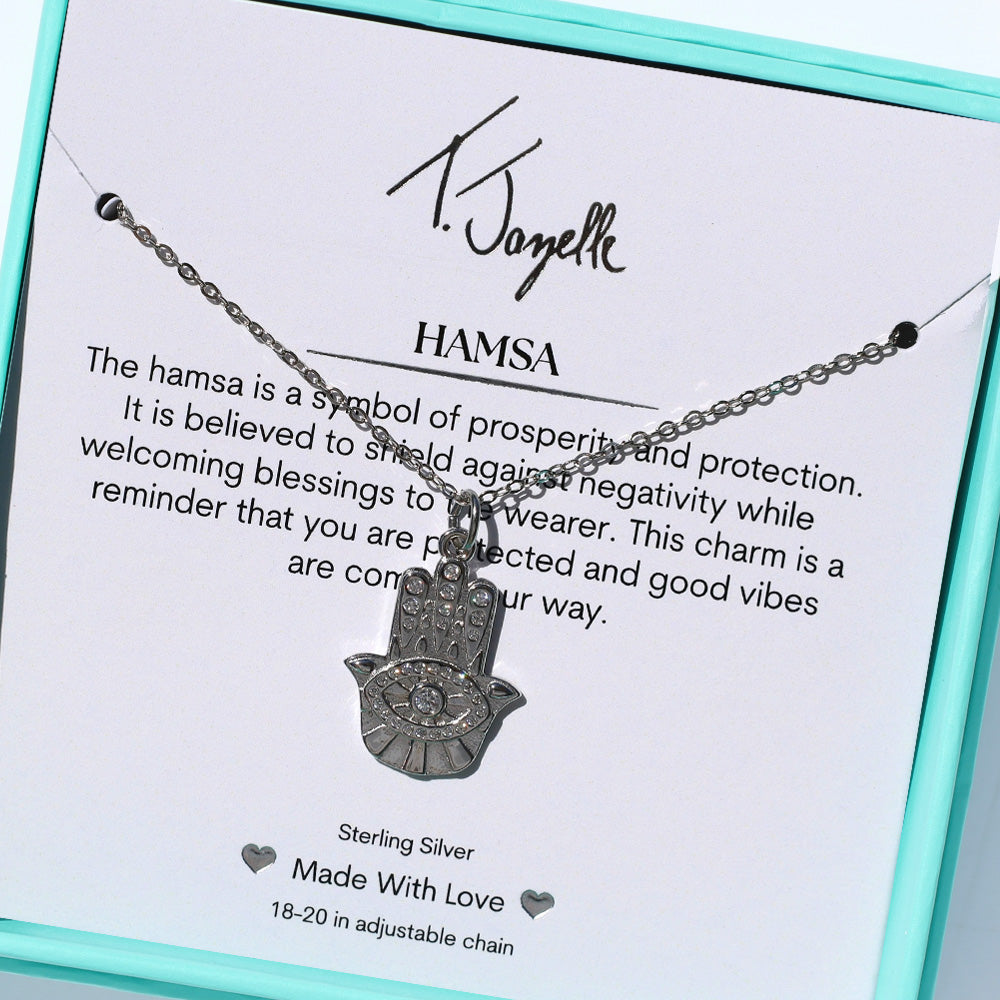 Hamsa CZ Sterling Silver Charm Necklace