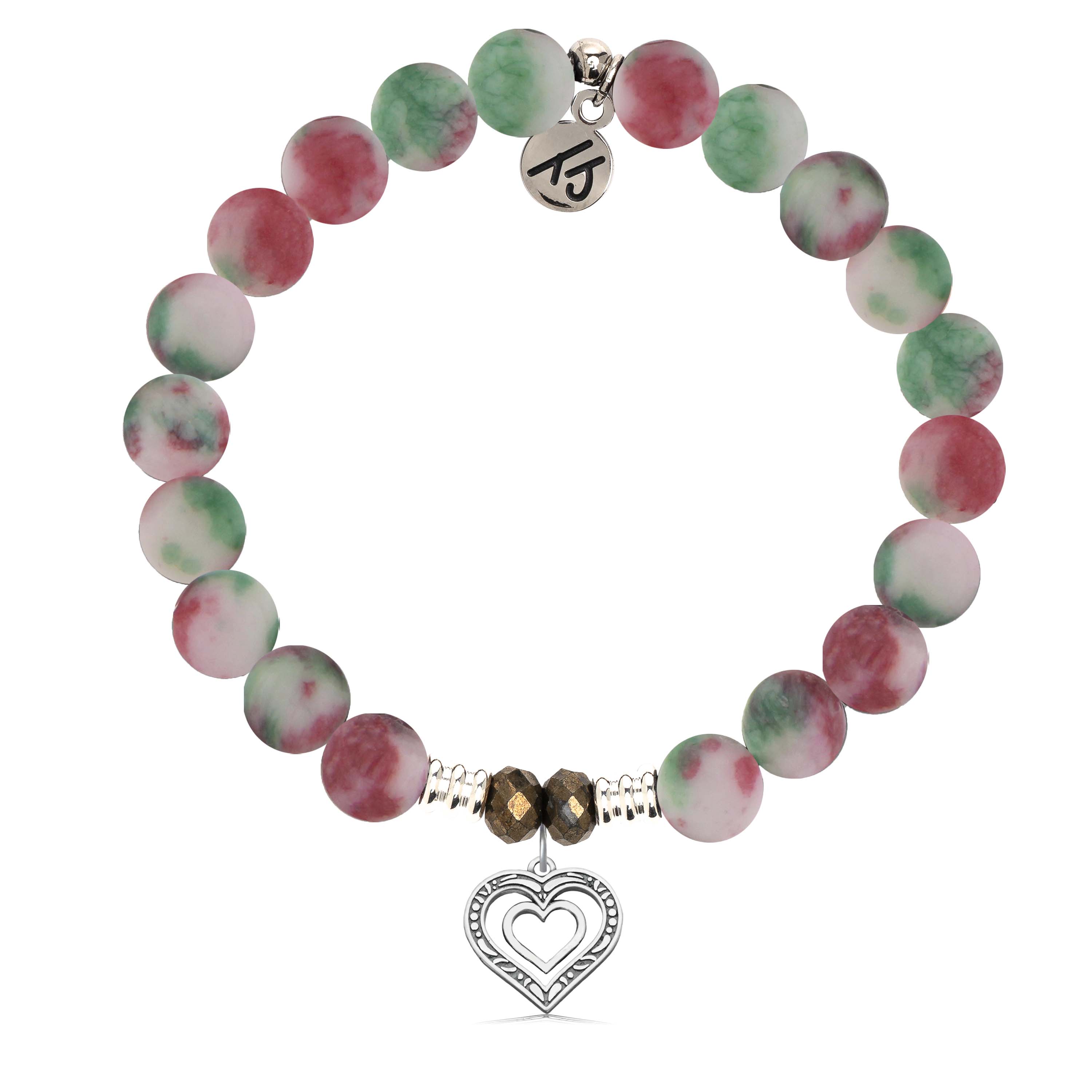 Holiday Jade Gemstone Bracelet with Family Heart Cutout Sterling Silver Charm