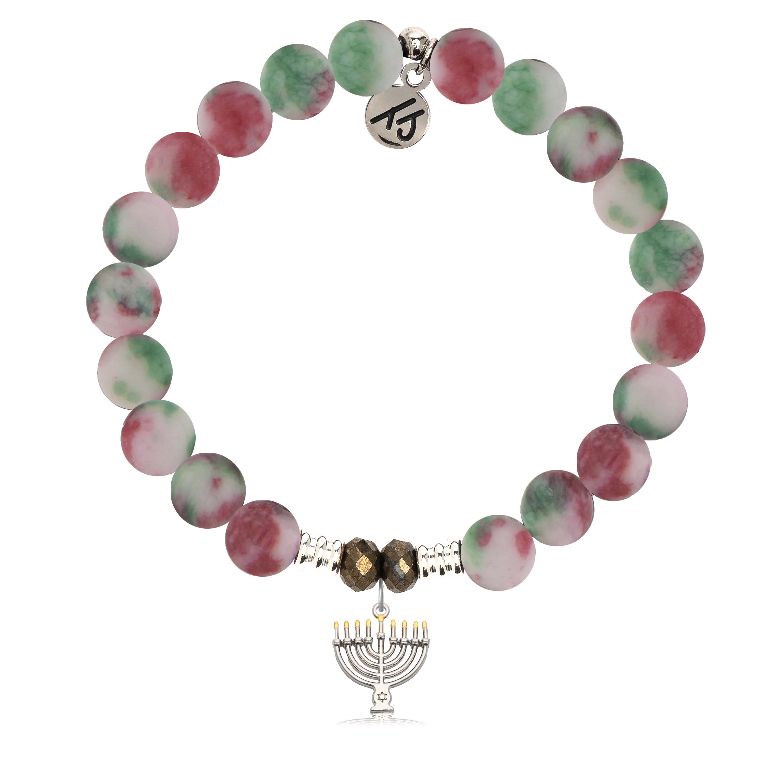 Holiday Jade Gemstone Bracelet with Menorah Sterling Silver Charm