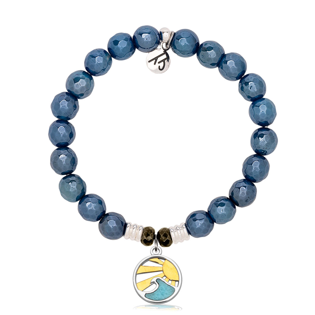 Larimar Charm Collection: Blue Agate Stone Bracelet with Larimar Rising Sun Sterling Silver Charm