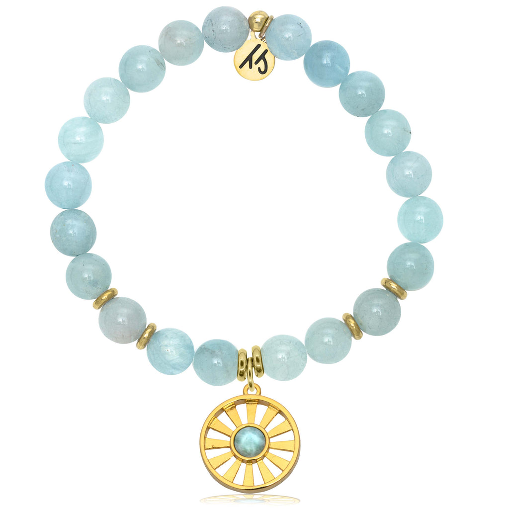 Larimar Charm Collection: Blue Aquamarine Stone Bracelet with Larimar Sun Gold Charm