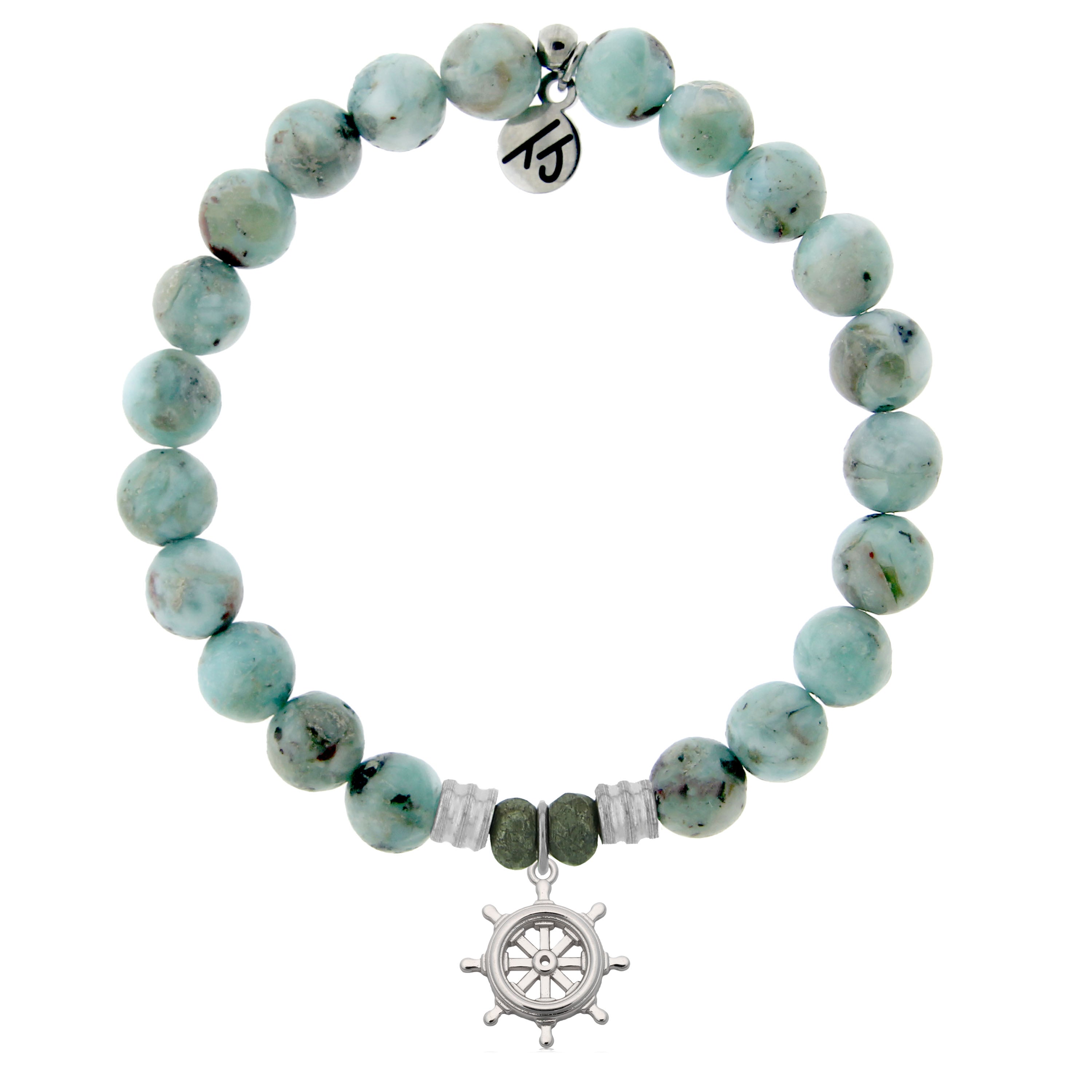 Larimar Gemstone Bracelet with Captain Wheel Sterling Silver Charm