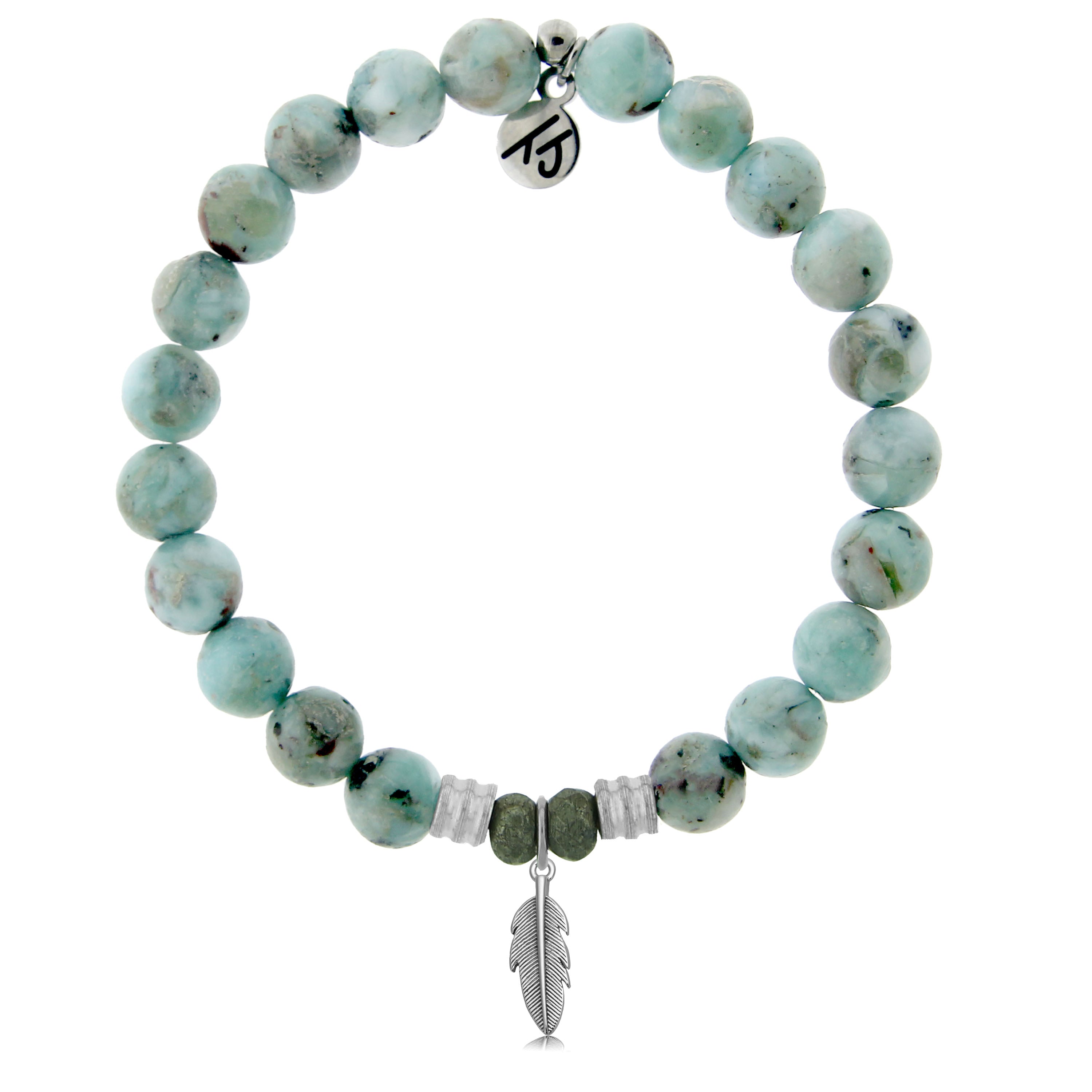 Larimar Gemstone Bracelet with Feather Sterling Silver Charm