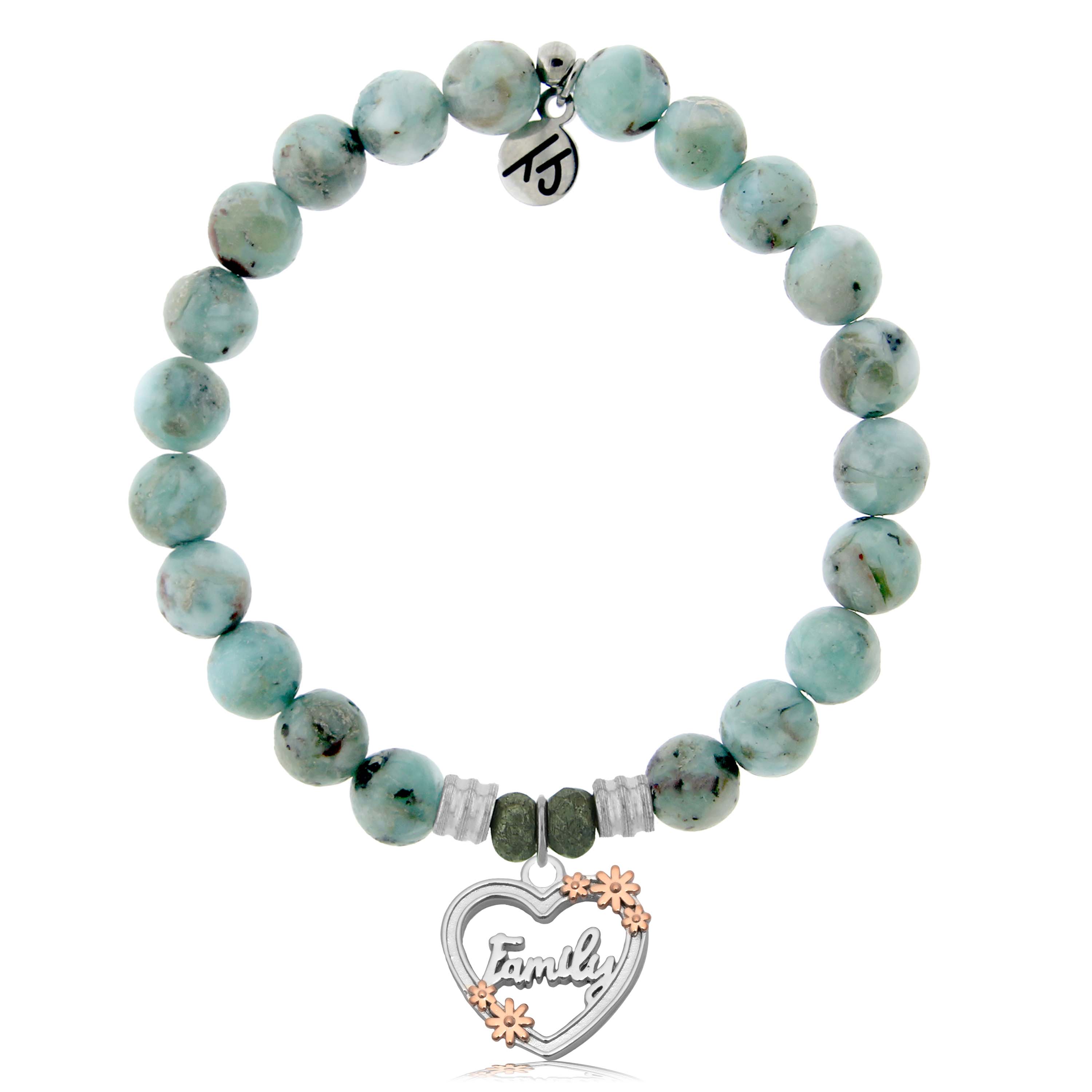 Larimar Gemstone Bracelet with Heart Family Sterling Silver Charm