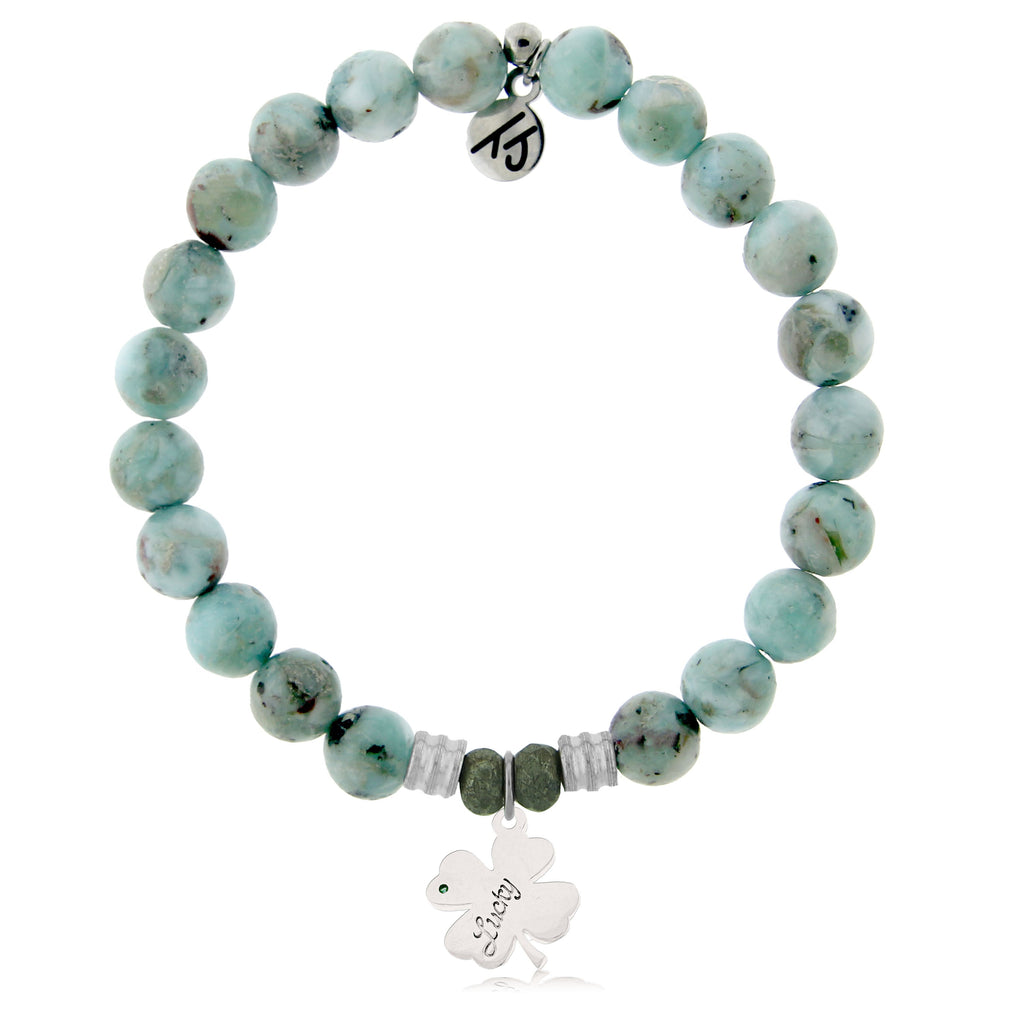Larimar Gemstone Bracelet with Lucky Clover Sterling Silver Charm