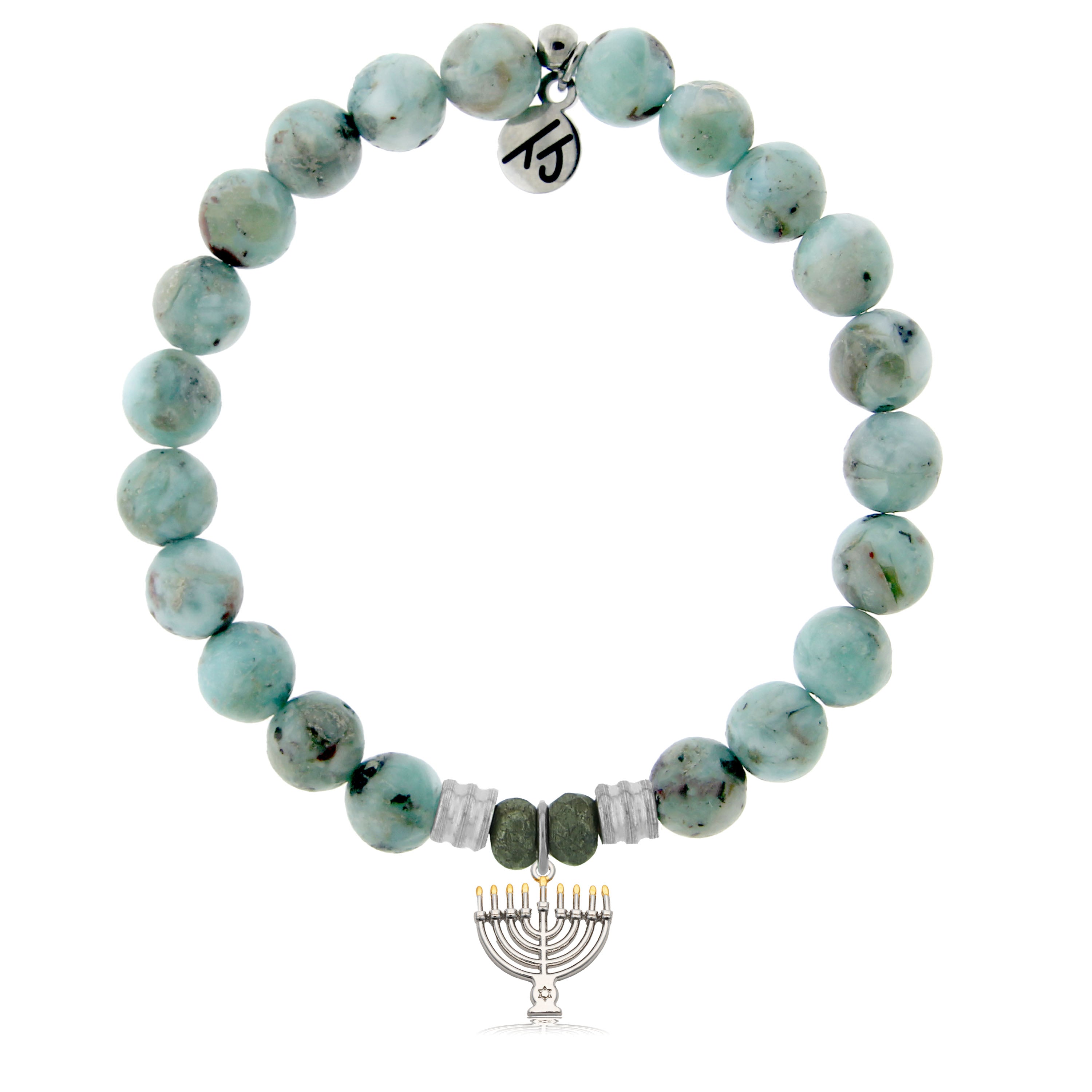 Larimar Gemstone Bracelet with Menorah Sterling Silver Charm