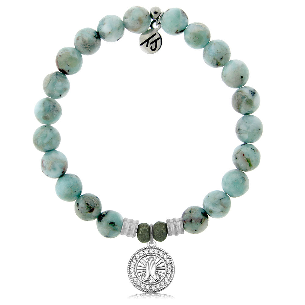 Larimar Gemstone Bracelet with Prayers CZ Sterling Silver Charm