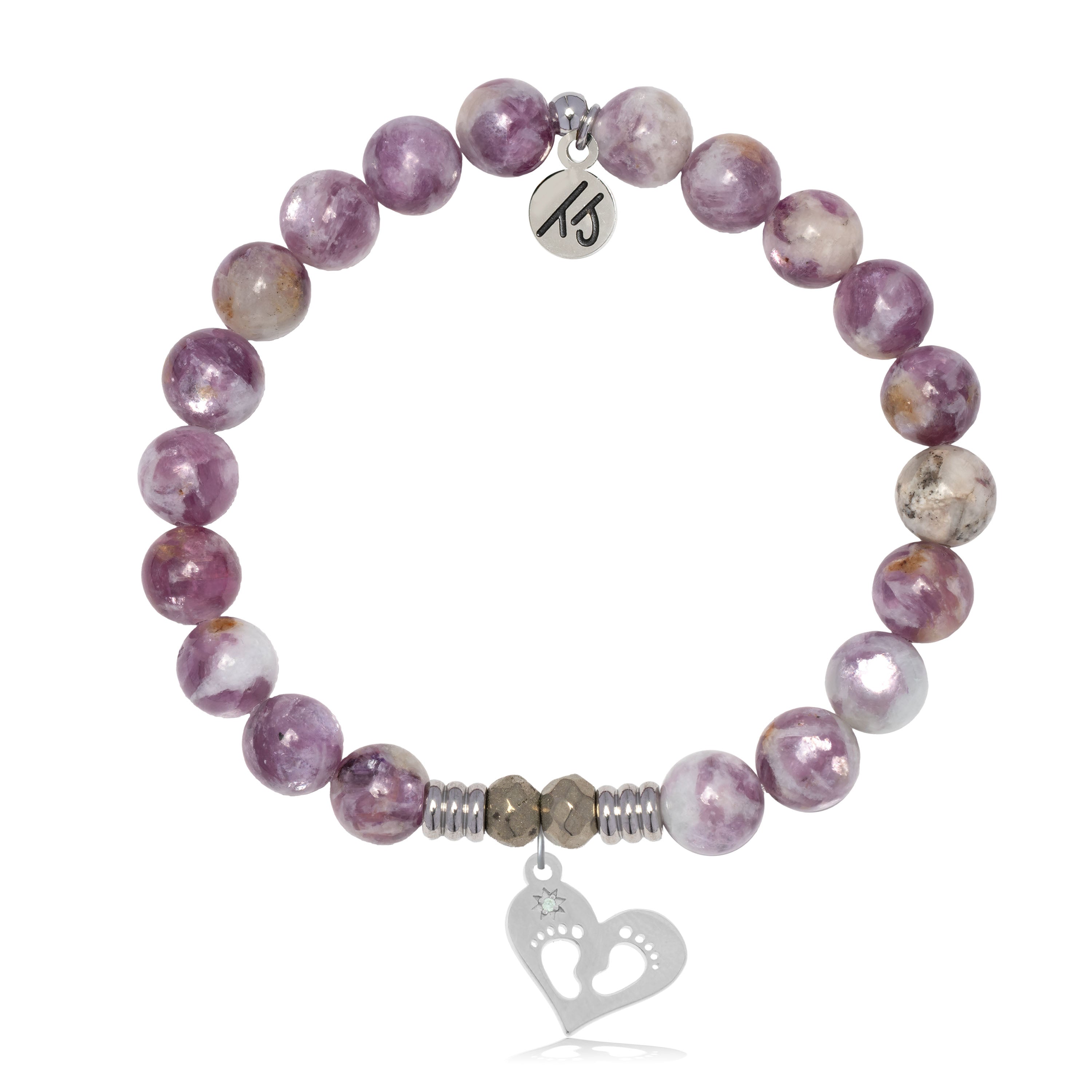 Lepidolite Quartz Gemstone Bracelet with Baby Feet Sterling Silver Charm