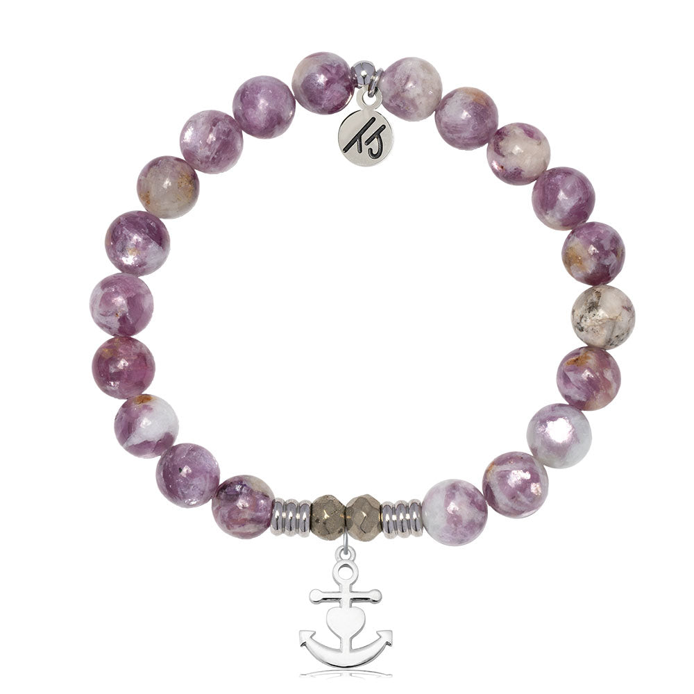 Lepidolite Quartz Gemstone Bracelet with Faith. Hope. Love Sterling Silver Charm