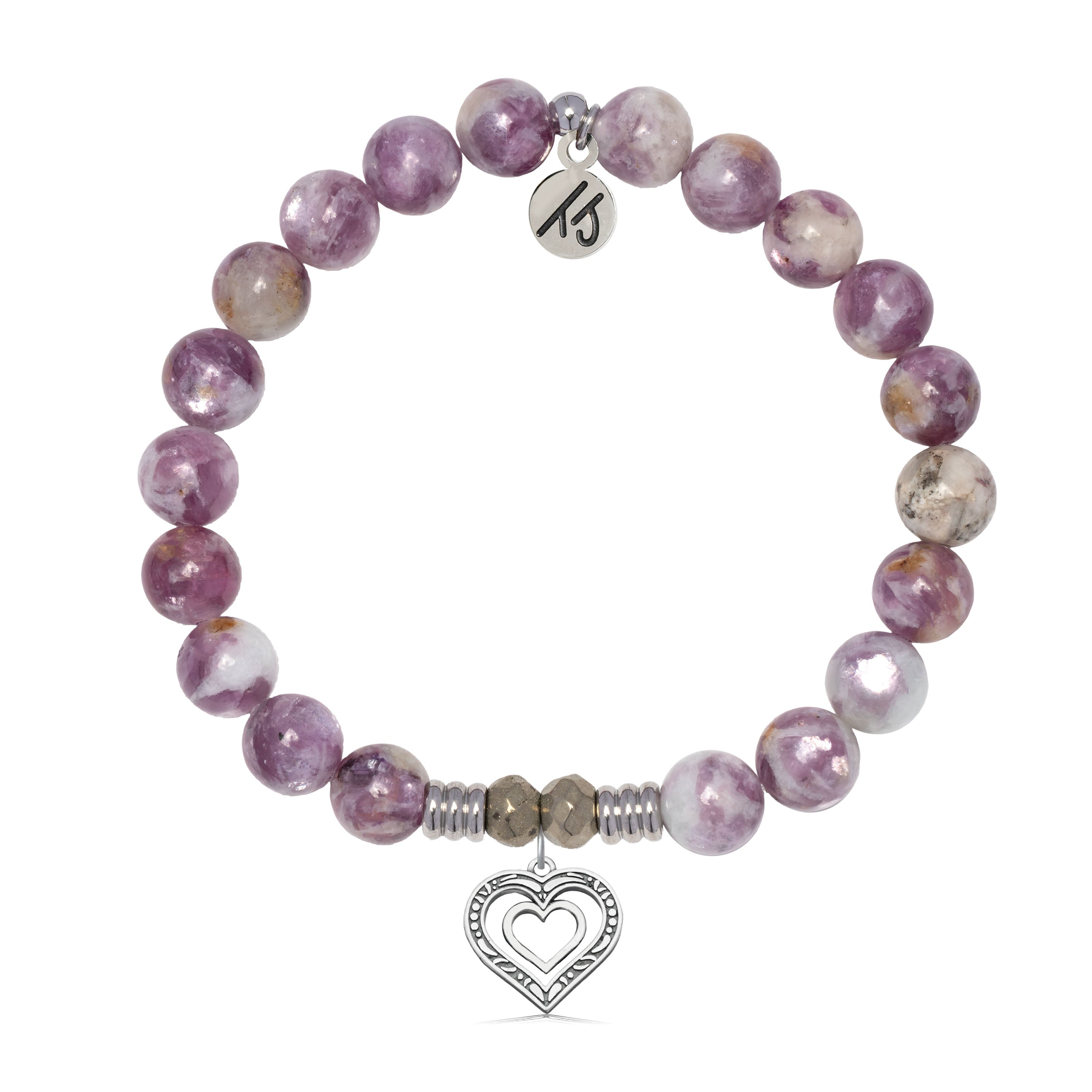Lepidolite Quartz Gemstone Bracelet with Family Heart Sterling Silver Charm