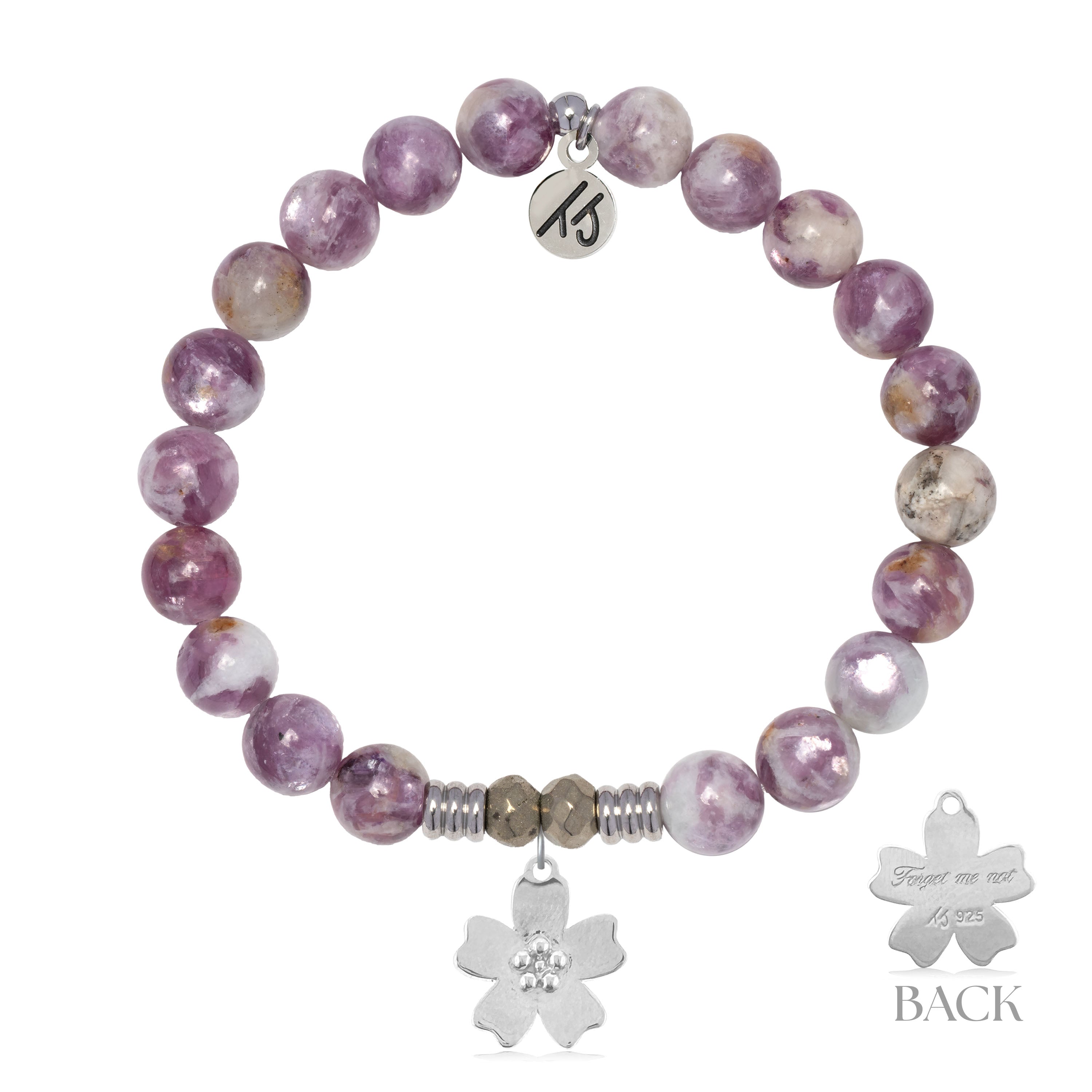 Lepidolite Quartz Gemstone Bracelet with Forget Me Not Sterling Silver Charm