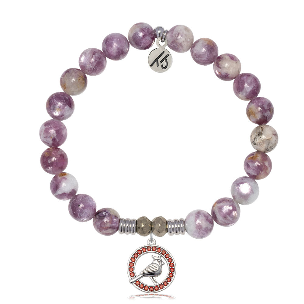 Lepidolite Quartz Gemstone Bracelet with Garnet Cardinal CZ Sterling Silver Charm