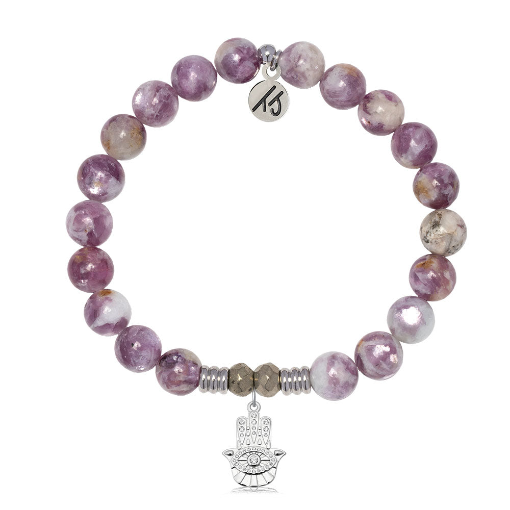 Lepidolite Quartz Gemstone Bracelet with Hamsa CZ Sterling Silver Charm