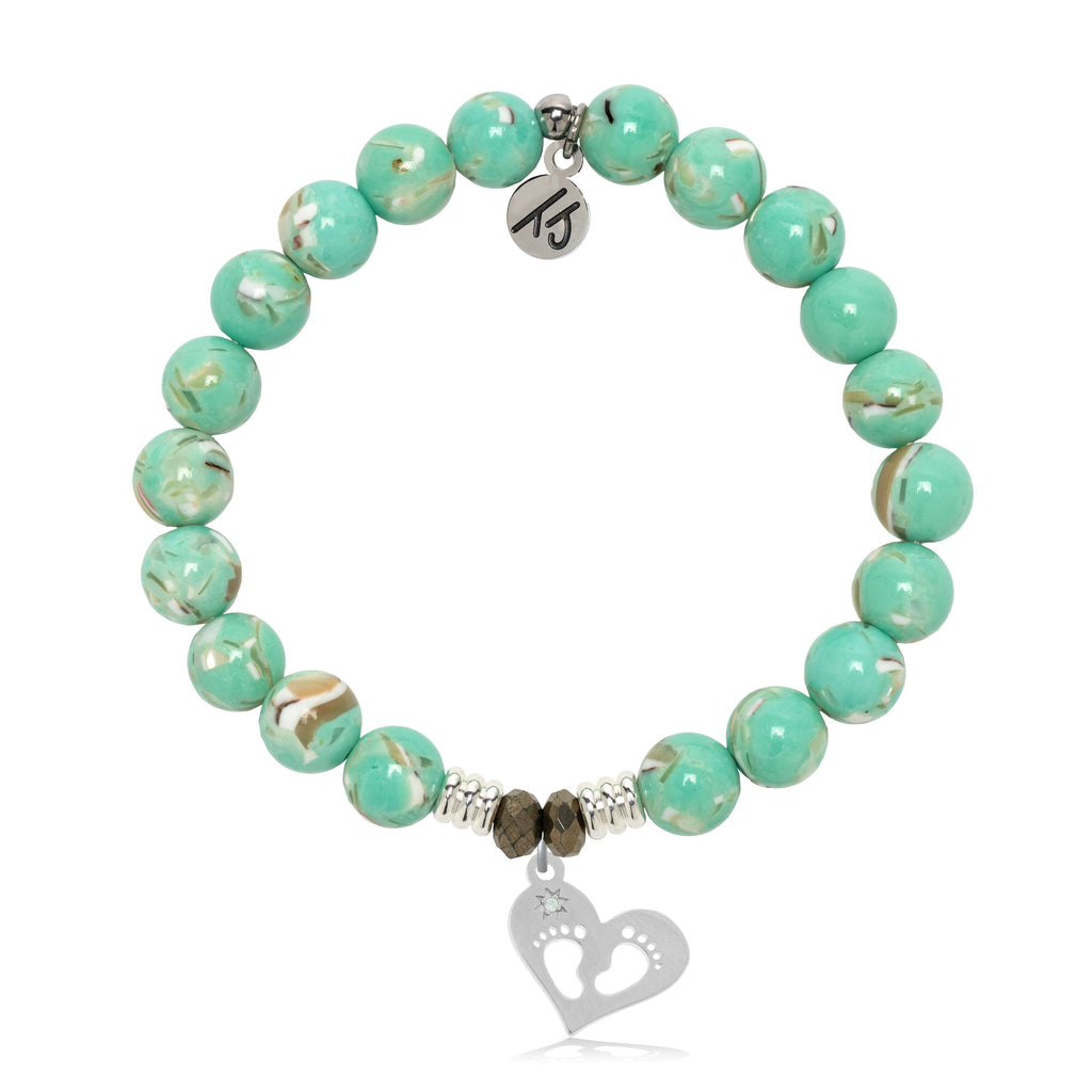 Light Green Shell Gemstone Bracelet with Baby Feet Sterling Silver Charm