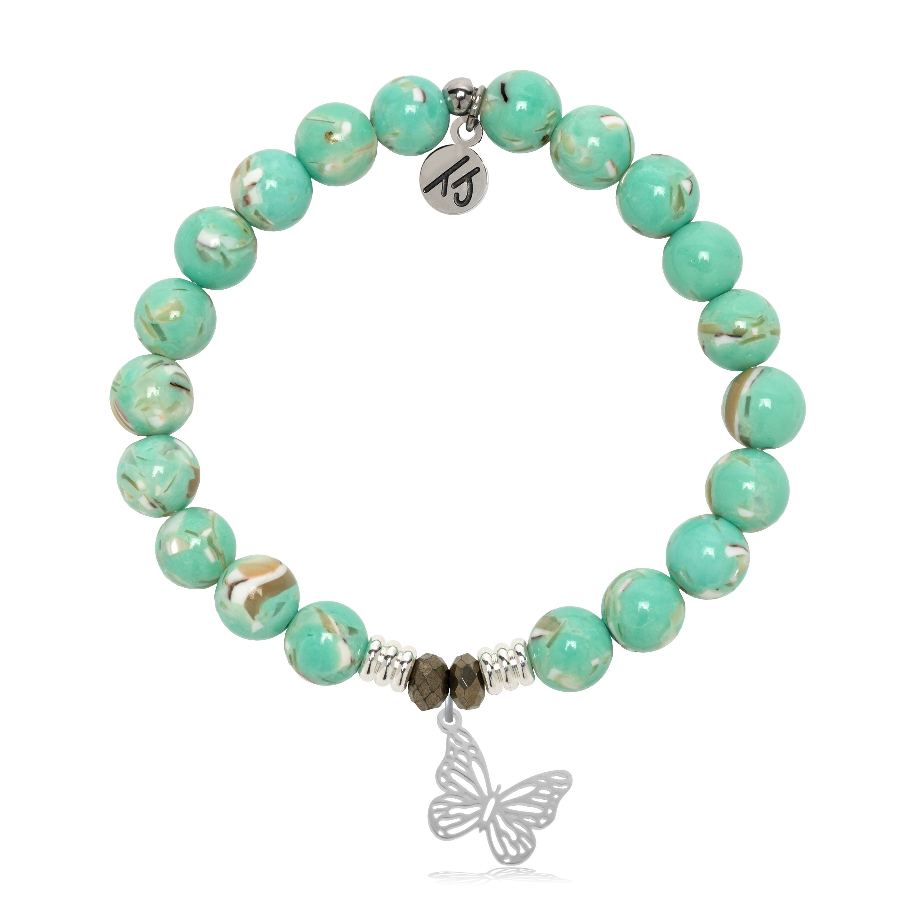 Light Green Shell Gemstone Bracelet with Butterfly Sterling Silver Charm
