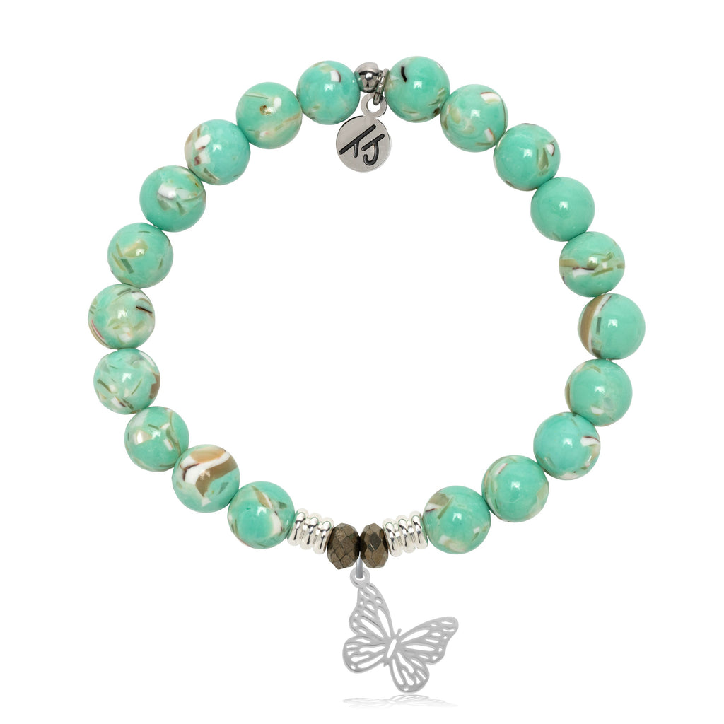 Light Green Shell Gemstone Bracelet with Butterfly Sterling Silver Charm