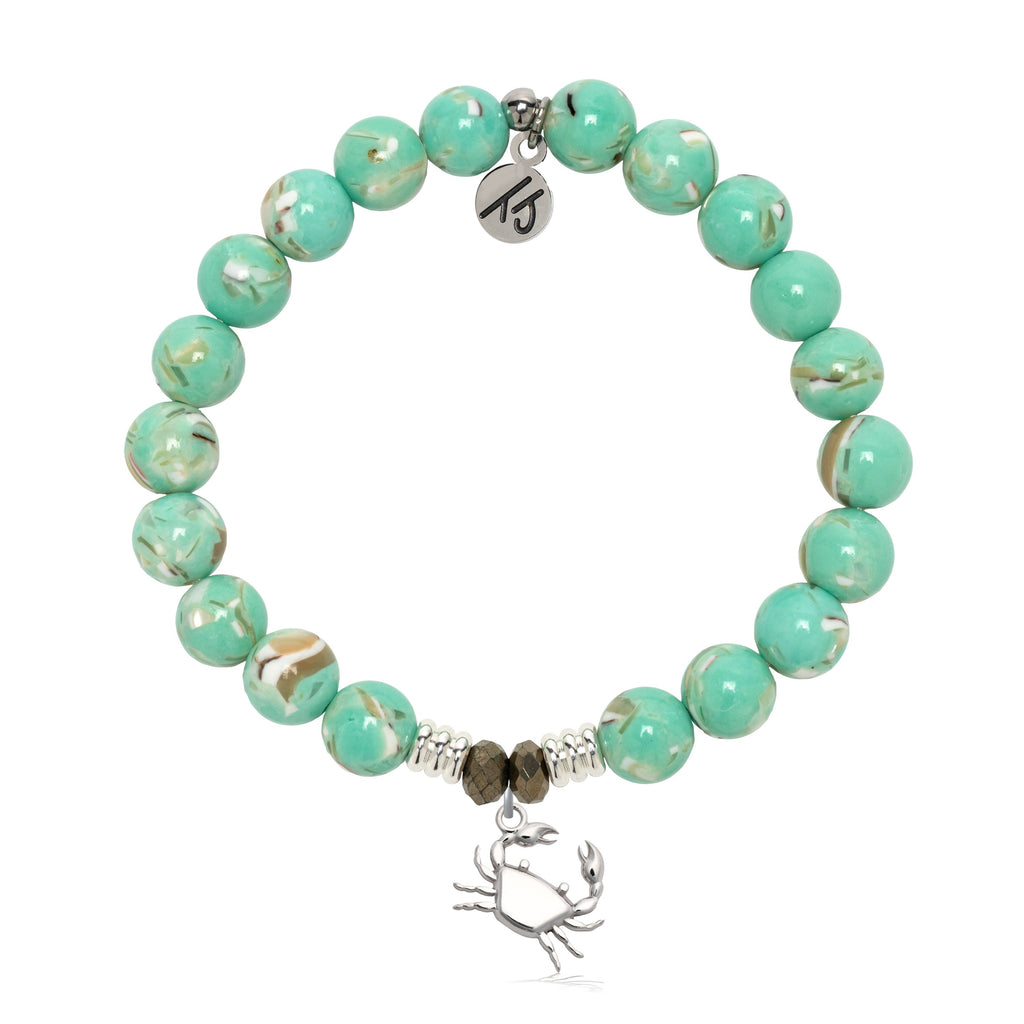 Light Green Shell Gemstone Bracelet with Crab Sterling Silver Charm