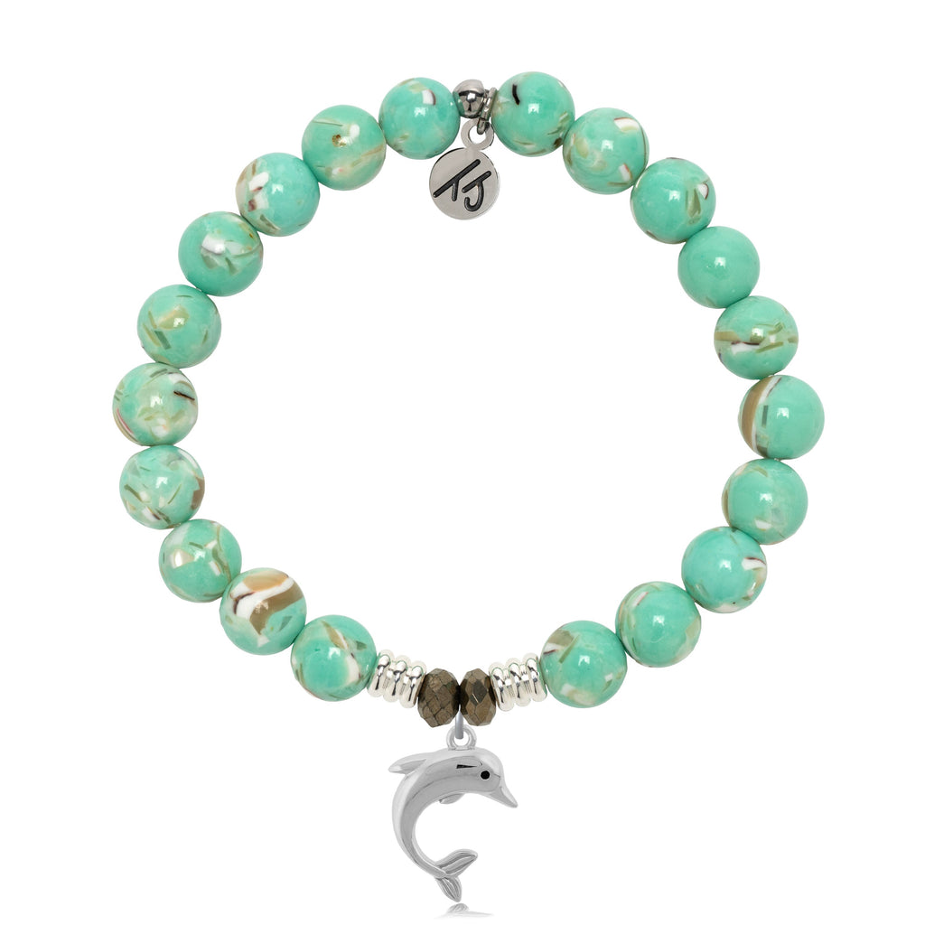Light Green Shell Gemstone Bracelet with Dolphin Sterling Silver Charm