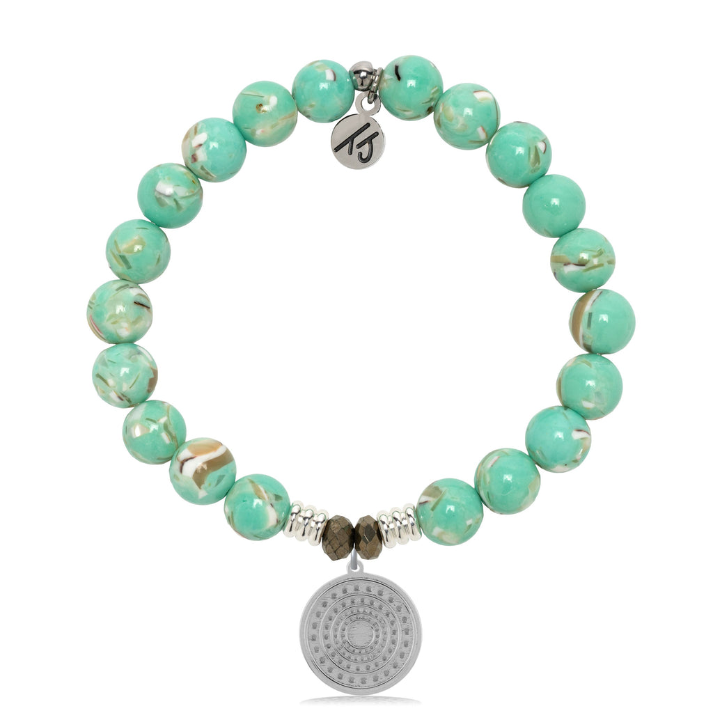 Light Green Shell Gemstone Bracelet with Family Circle Sterling Silver Charm