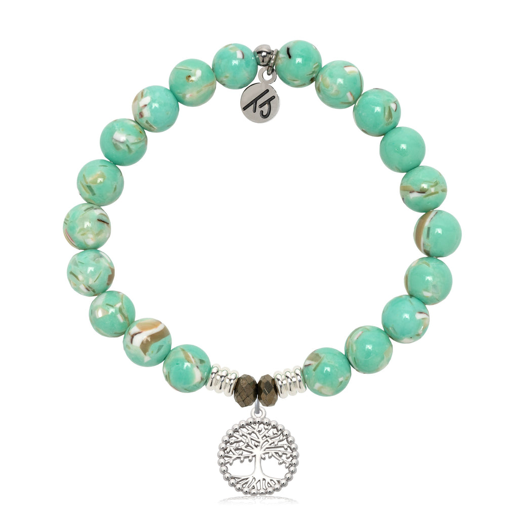 Light Green Shell Gemstone Bracelet with Family Tree Sterling Silver Charm