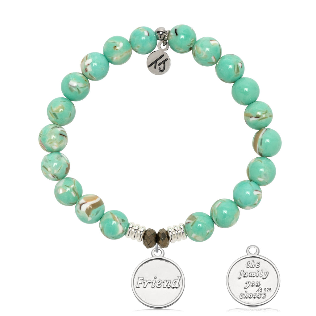 Light Green Shell Gemstone Bracelet with Friend the Family Sterling Silver Charm