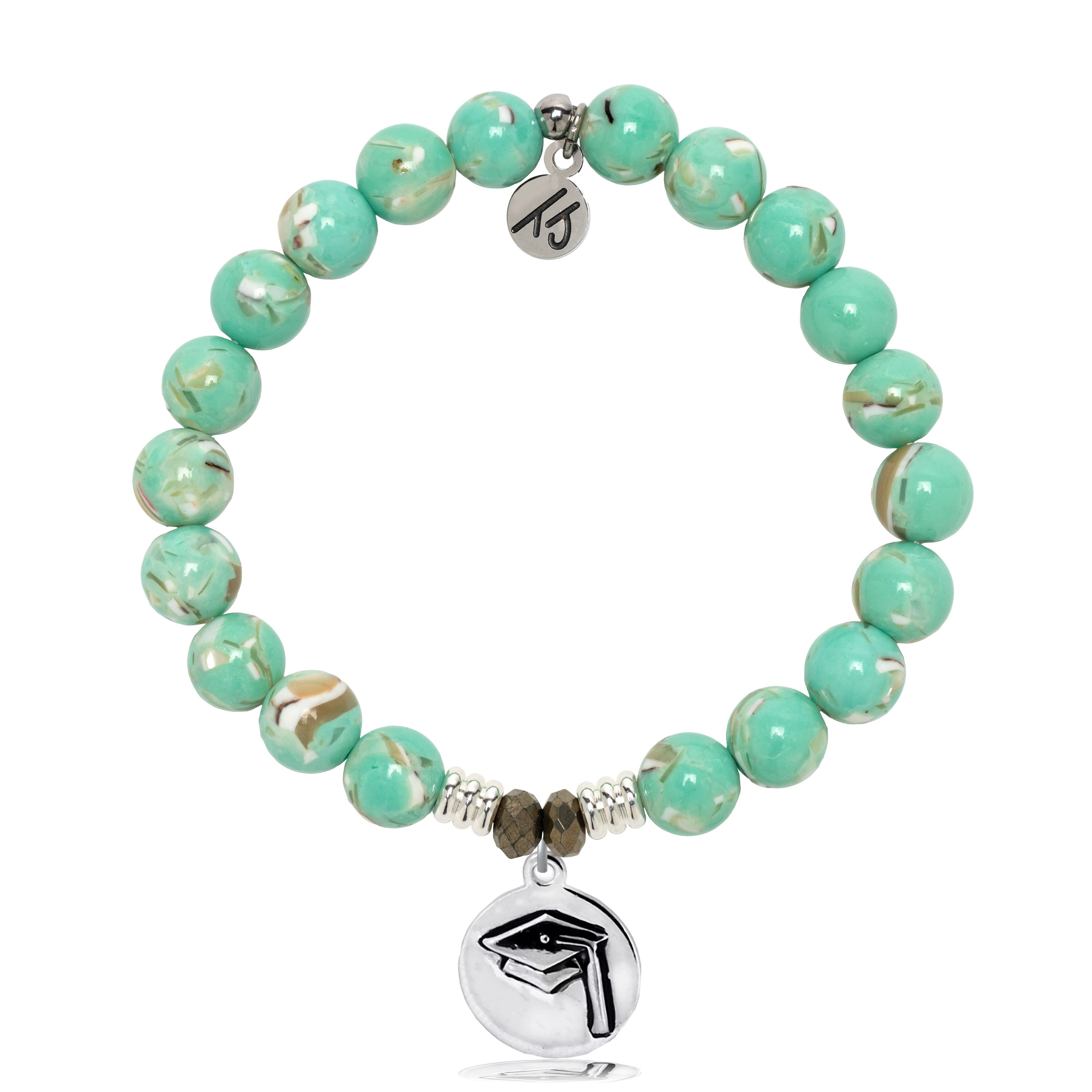 Light Green Shell Gemstone Bracelet with Grad Cap Sterling Silver Charm