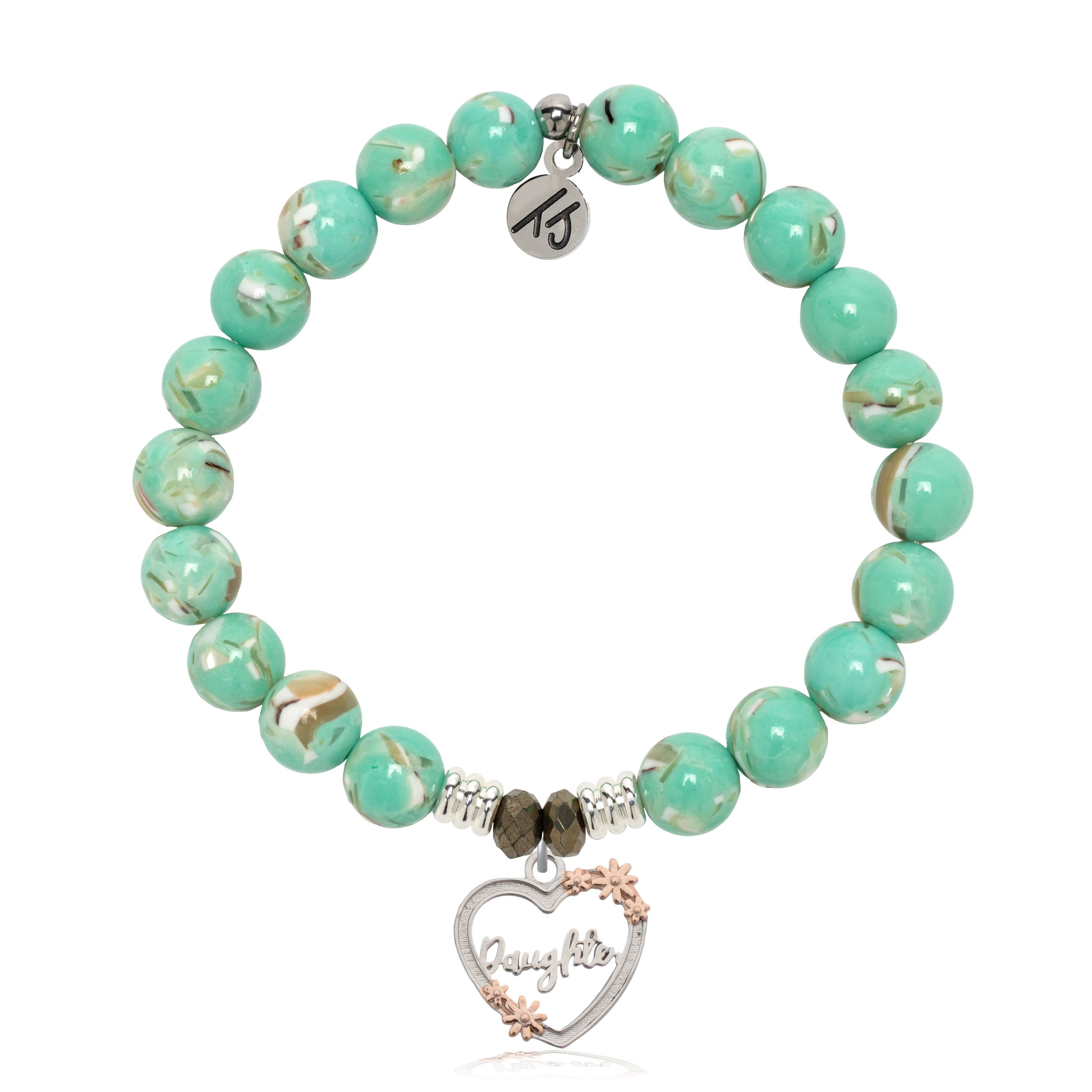 Light Green Shell Gemstone Bracelet with Heart Daughter Sterling Silver Charm