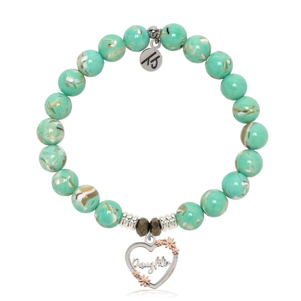 Light Green Shell Gemstone Bracelet with Heart Daughter Sterling Silver Charm