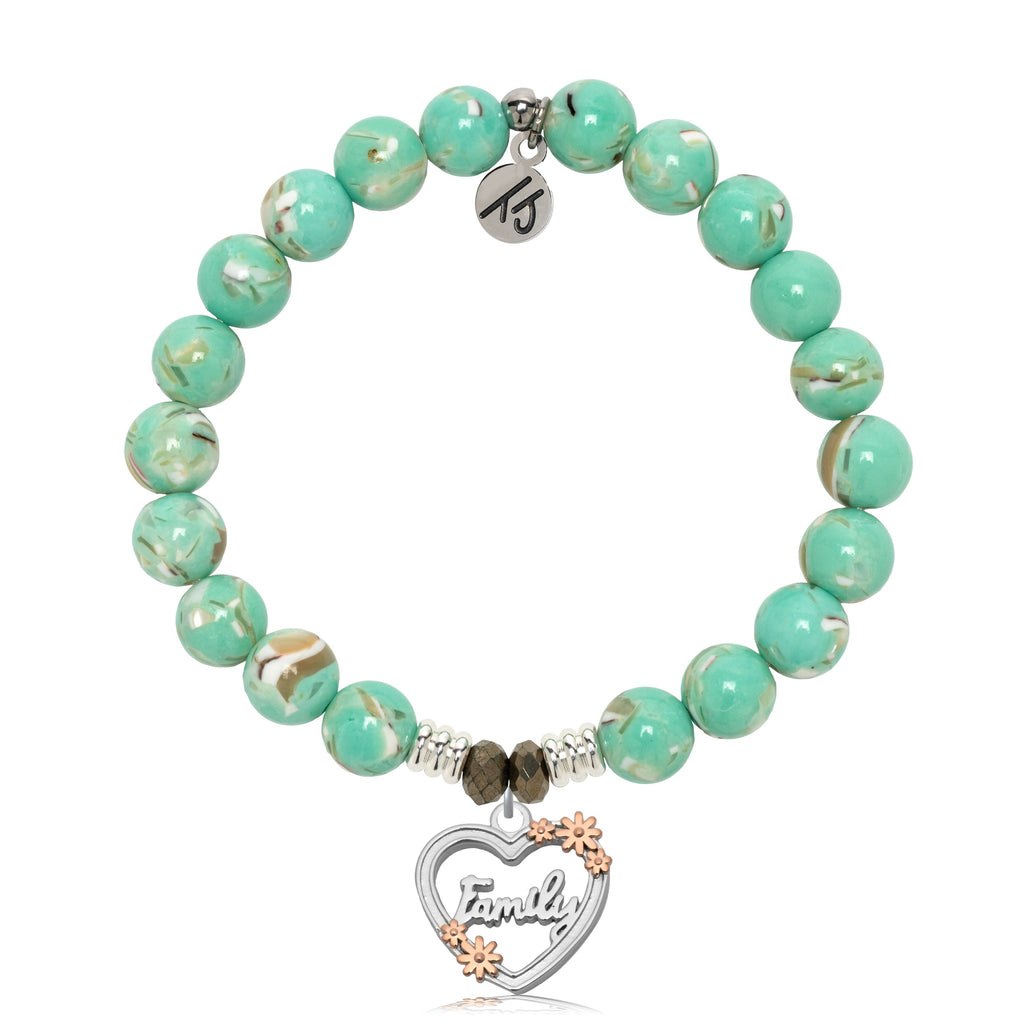 Light Green Shell Gemstone Bracelet with Heart Family Sterling Silver Charm