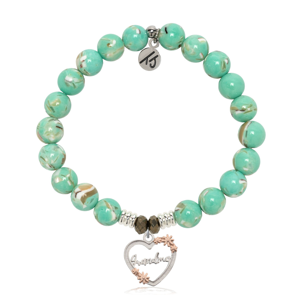 Light Green Shell Gemstone Bracelet with Heart Grandma Sterling Silver Charm