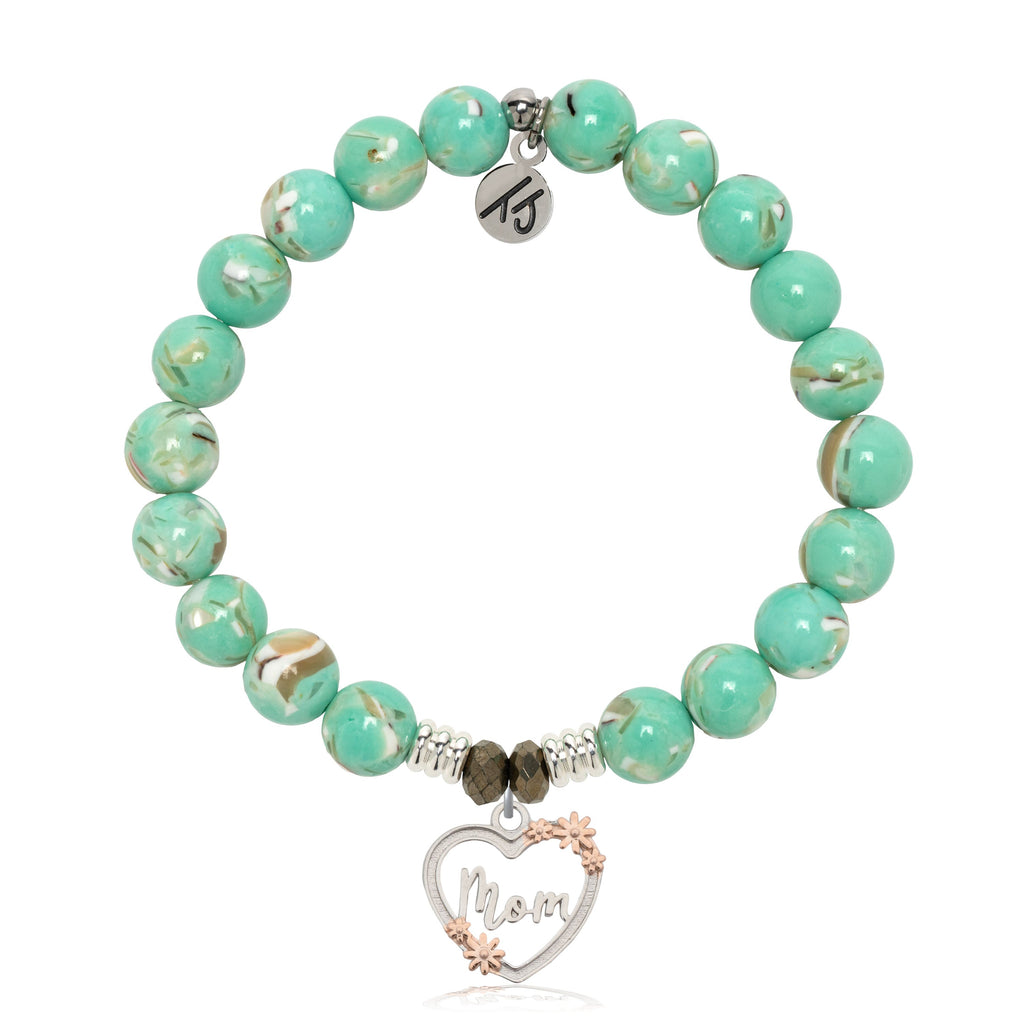 Light Green Shell Gemstone Bracelet with Heart Mom Sterling Silver Charm