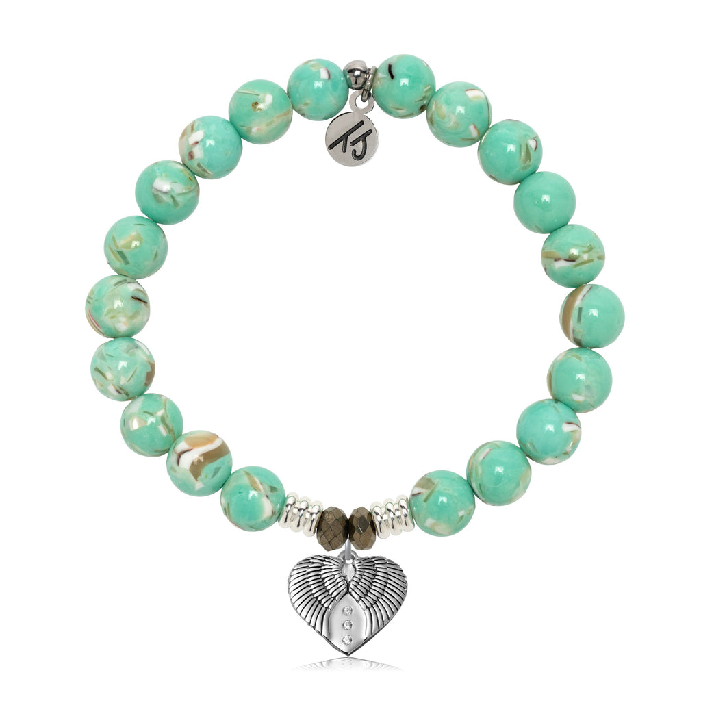 Light Green Shell Gemstone Bracelet with Heart of Angels Sterling Silver Charm