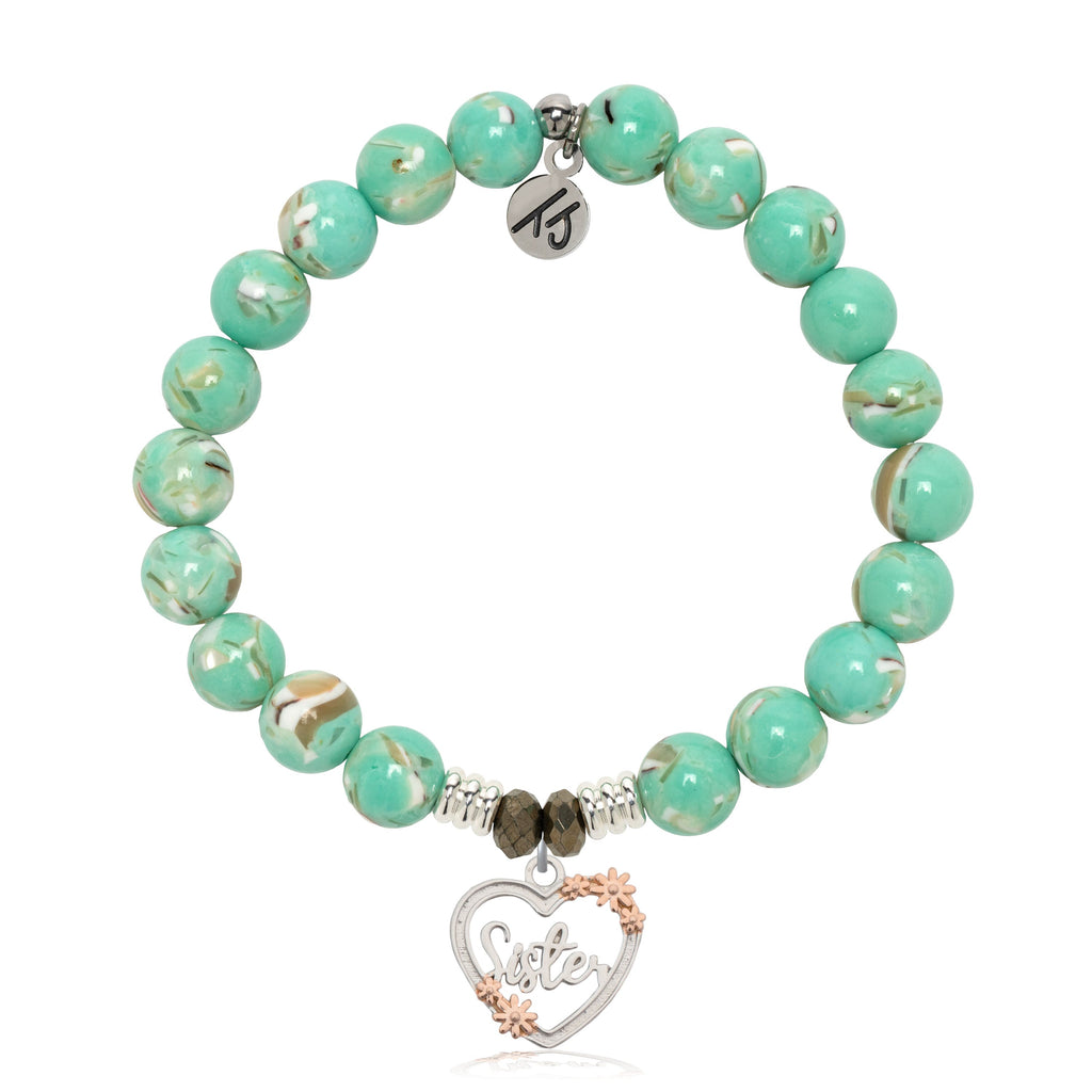 Light Green Shell Gemstone Bracelet with Heart Sister Sterling Silver Charm