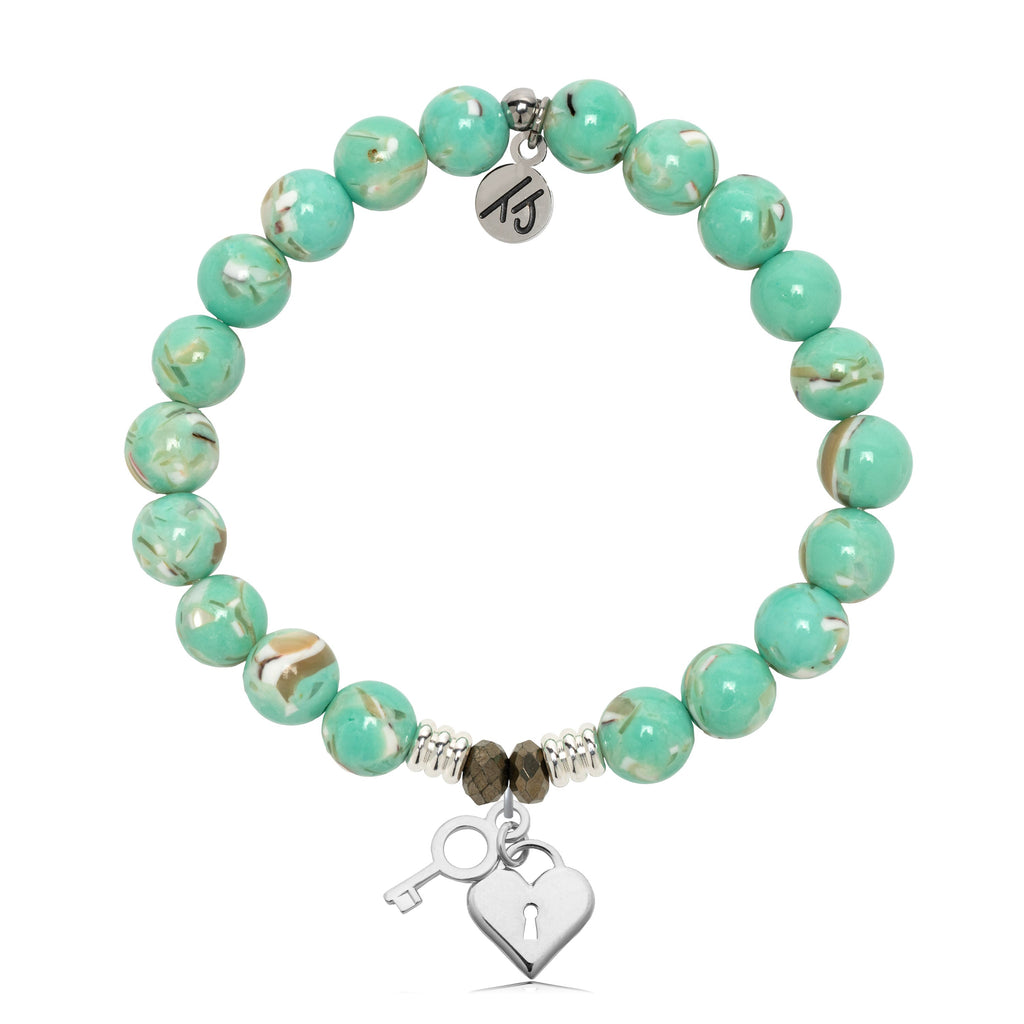 Light Green Shell Gemstone Bracelet with Key to My Heart Sterling Silver Charm