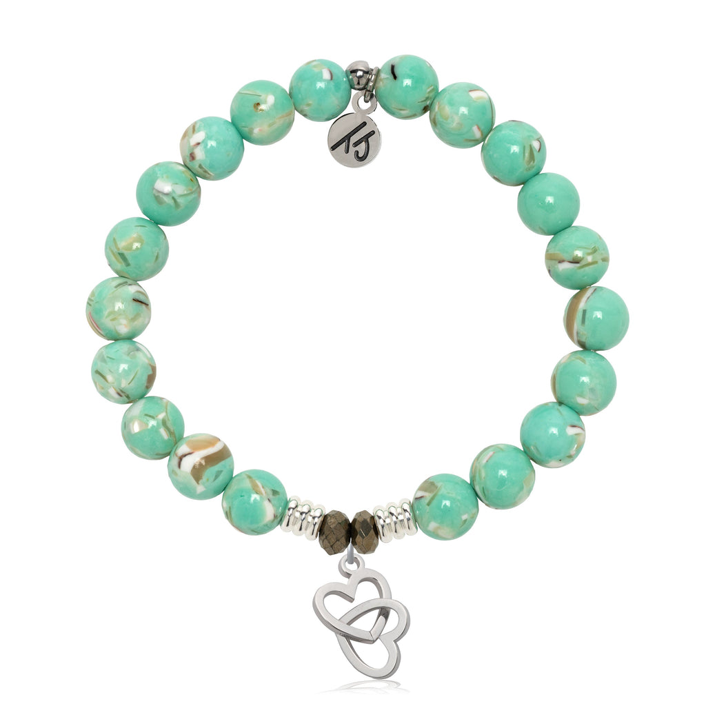 Light Green Shell Gemstone Bracelet with Linked Hearts Sterling Silver Charm