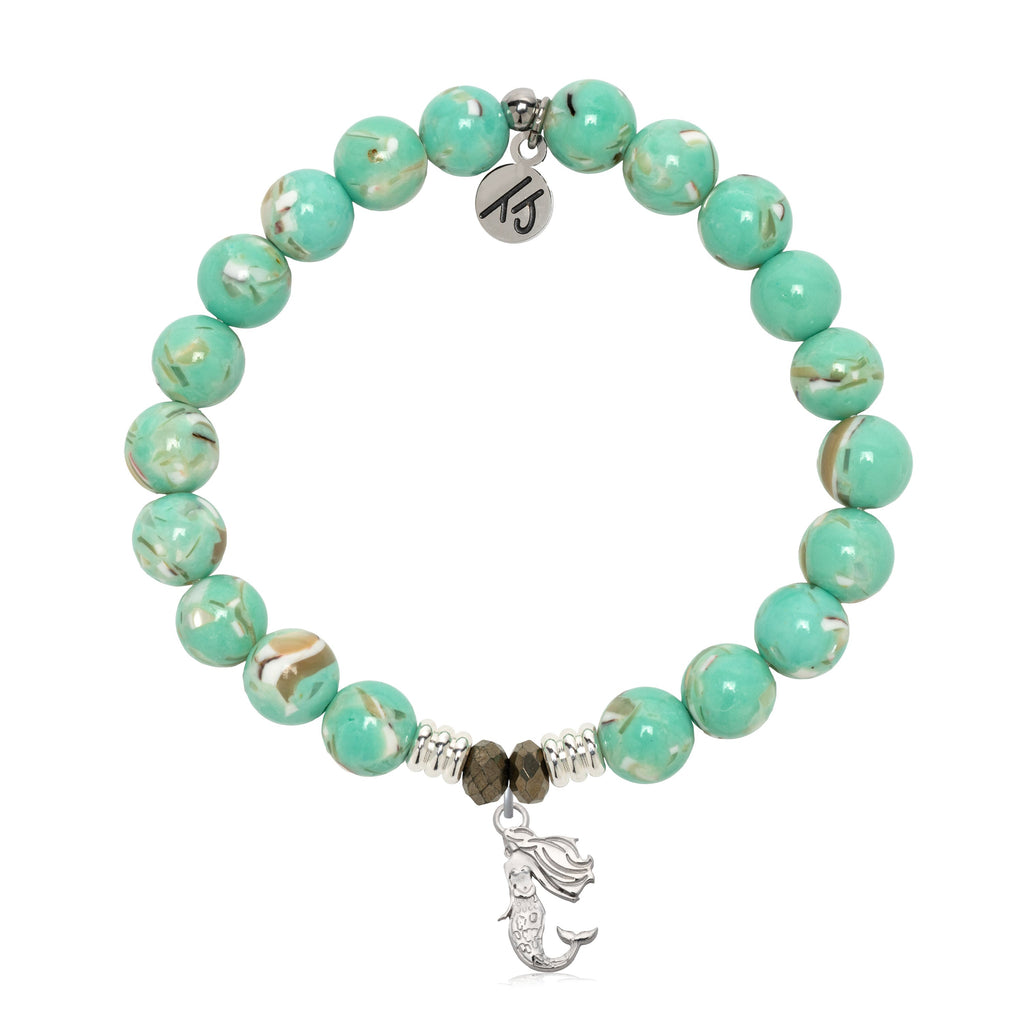 Light Green Shell Gemstone Bracelet with Mermaid Cutout Sterling Silver Charm