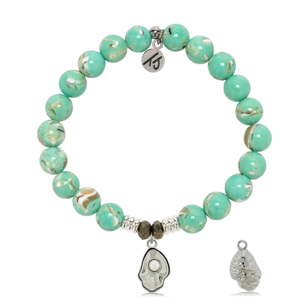 Light Green Shell Gemstone Bracelet with Oyster Sterling Silver Charm