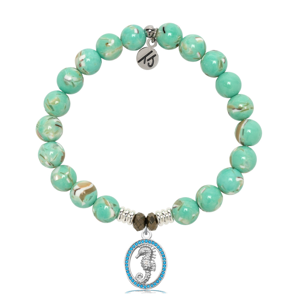 Light Green Shell Gemstone Bracelet with Seahorse Sterling Silver Charm