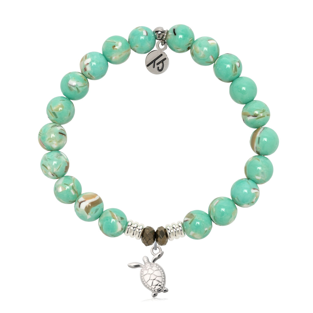 Light Green Shell Gemstone Bracelet with Turtle Cutout Sterling Silver Charm