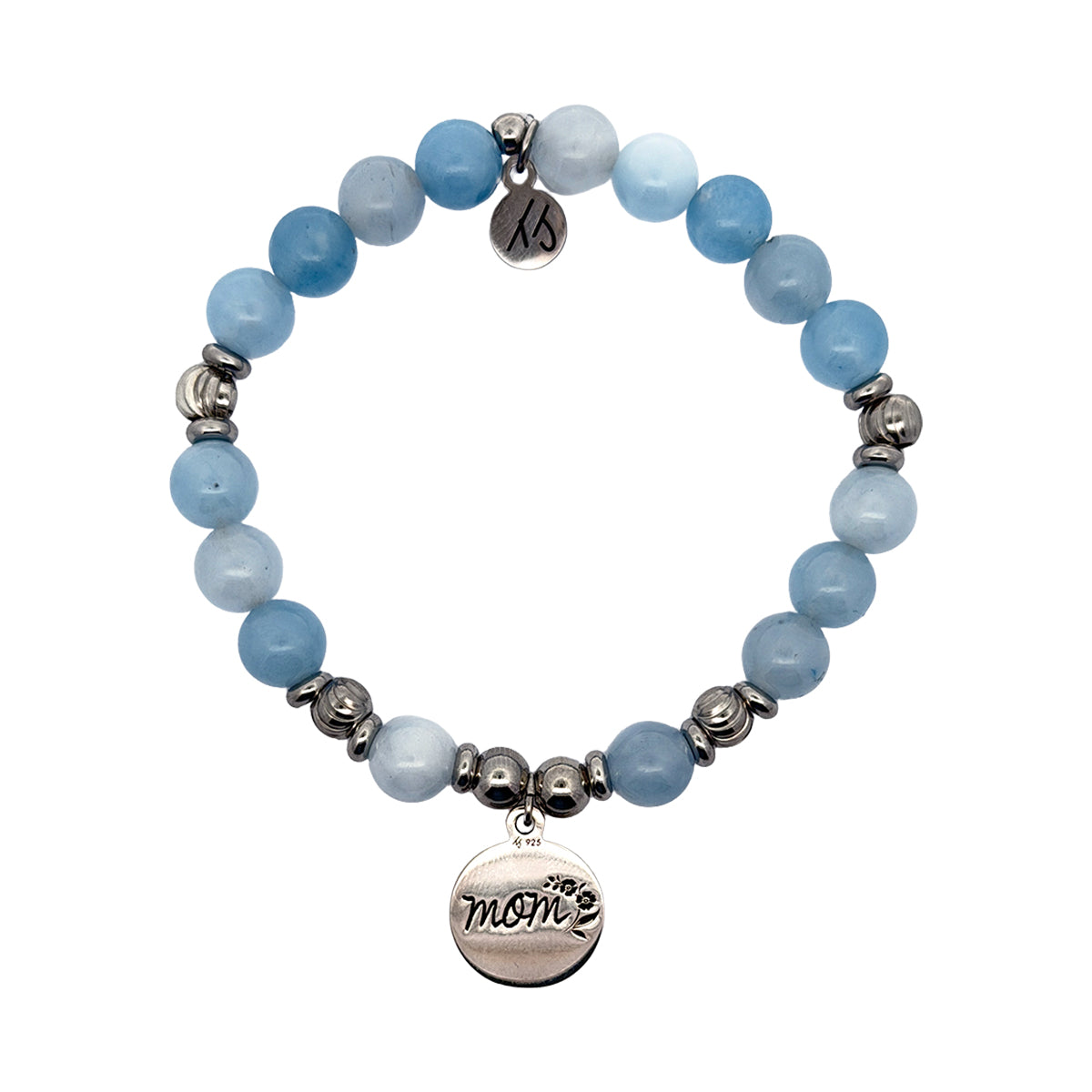 Limited Edition Blue Aquamarine Gemstone Bracelet with Mom Sterling Silver Charm