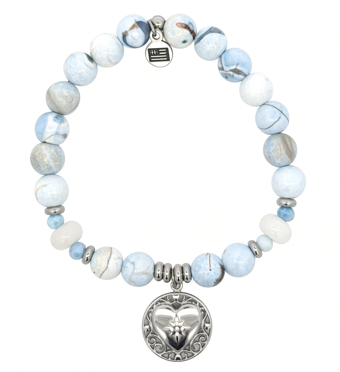 Limited Edition Exclusive Friendship Heart Charm with Light Blue White Agate Gemstone Bracelet