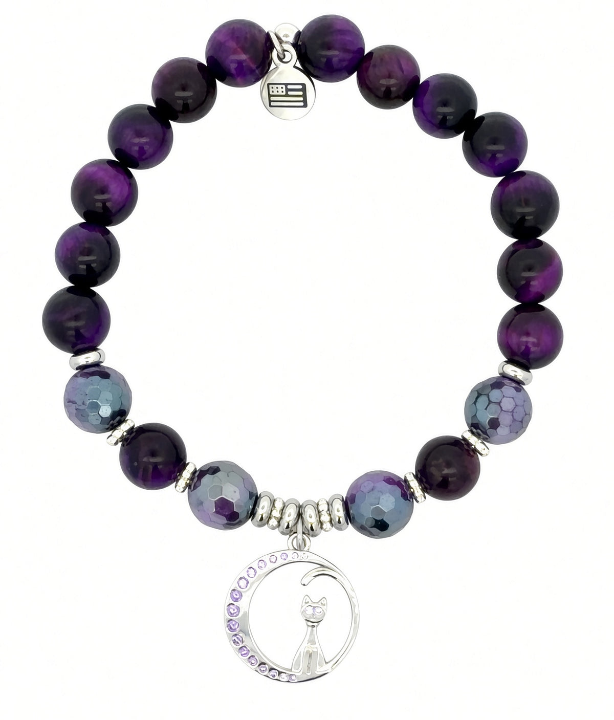 Limited Edition Exclusive Sterling Silver Cat Charm with Purple Tigers Eye Gemstone Bracelet