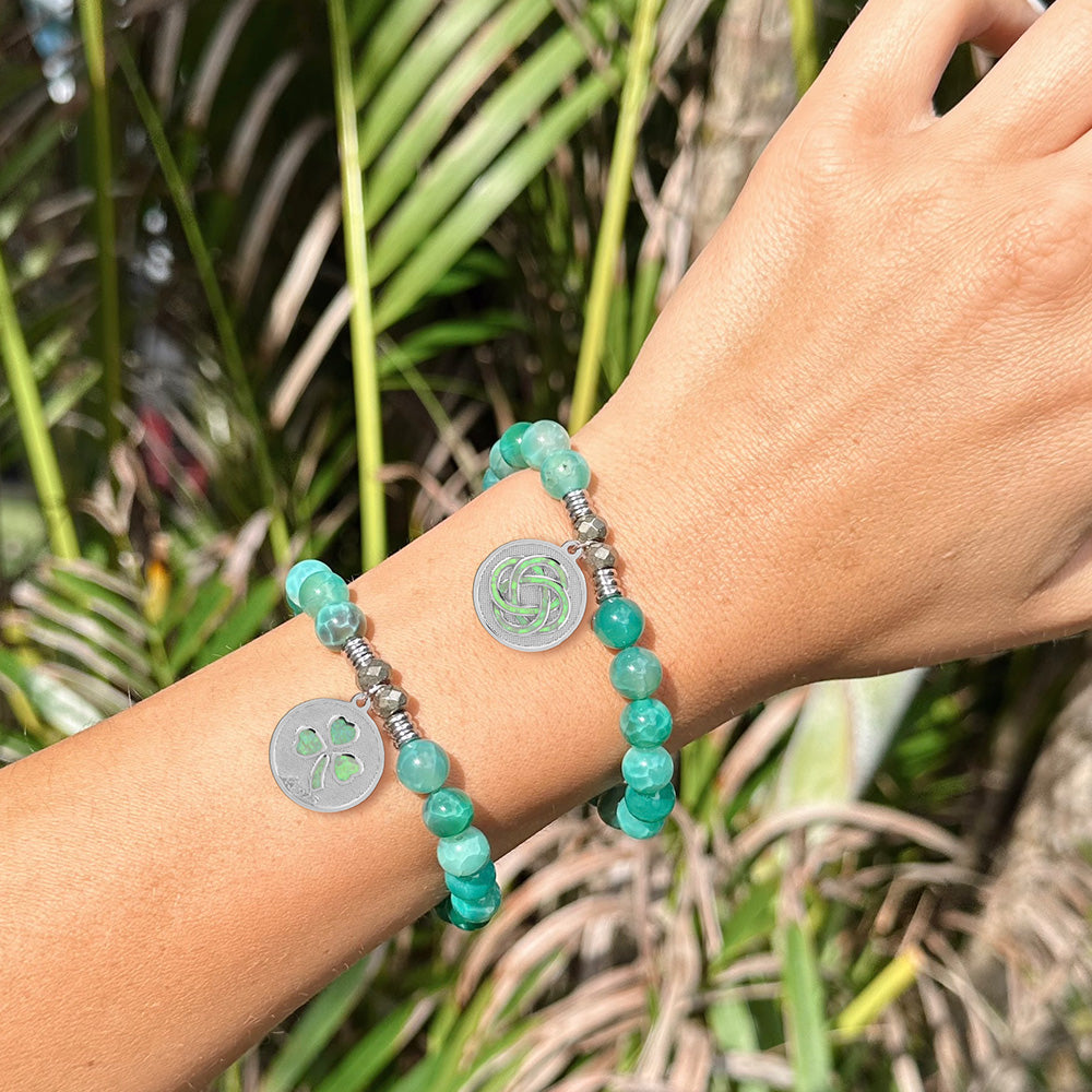 Limited Edition: Green Fire Agate Gemstone Bracelet with Journey Knot Sterling Silver Charm